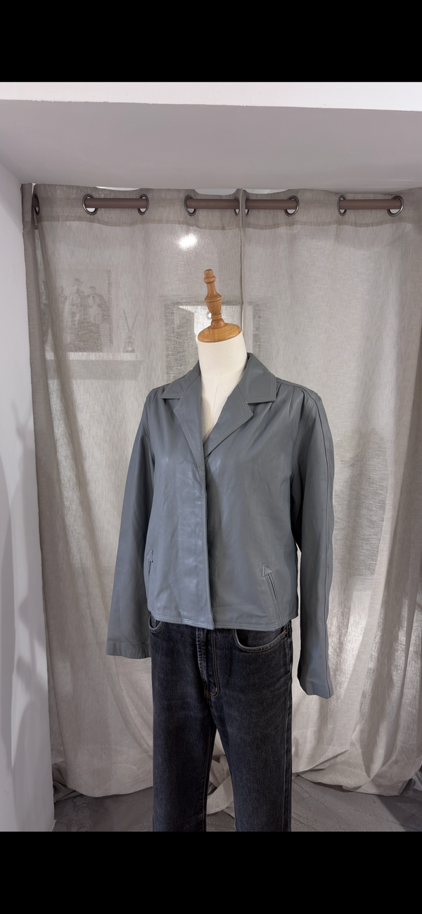 Cropped grey genuine leather jacket