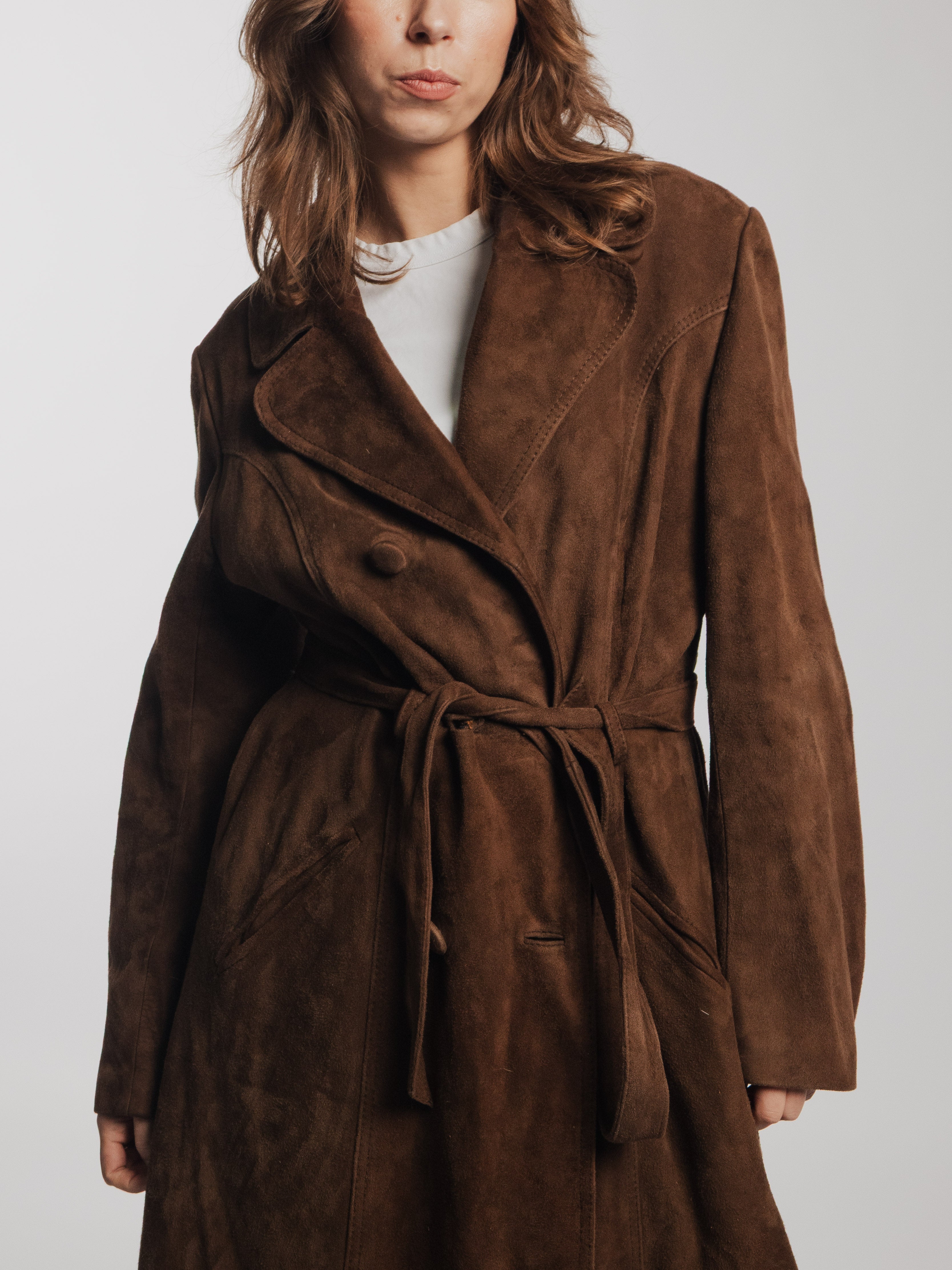 Brown Suede Leather Trench Coat
