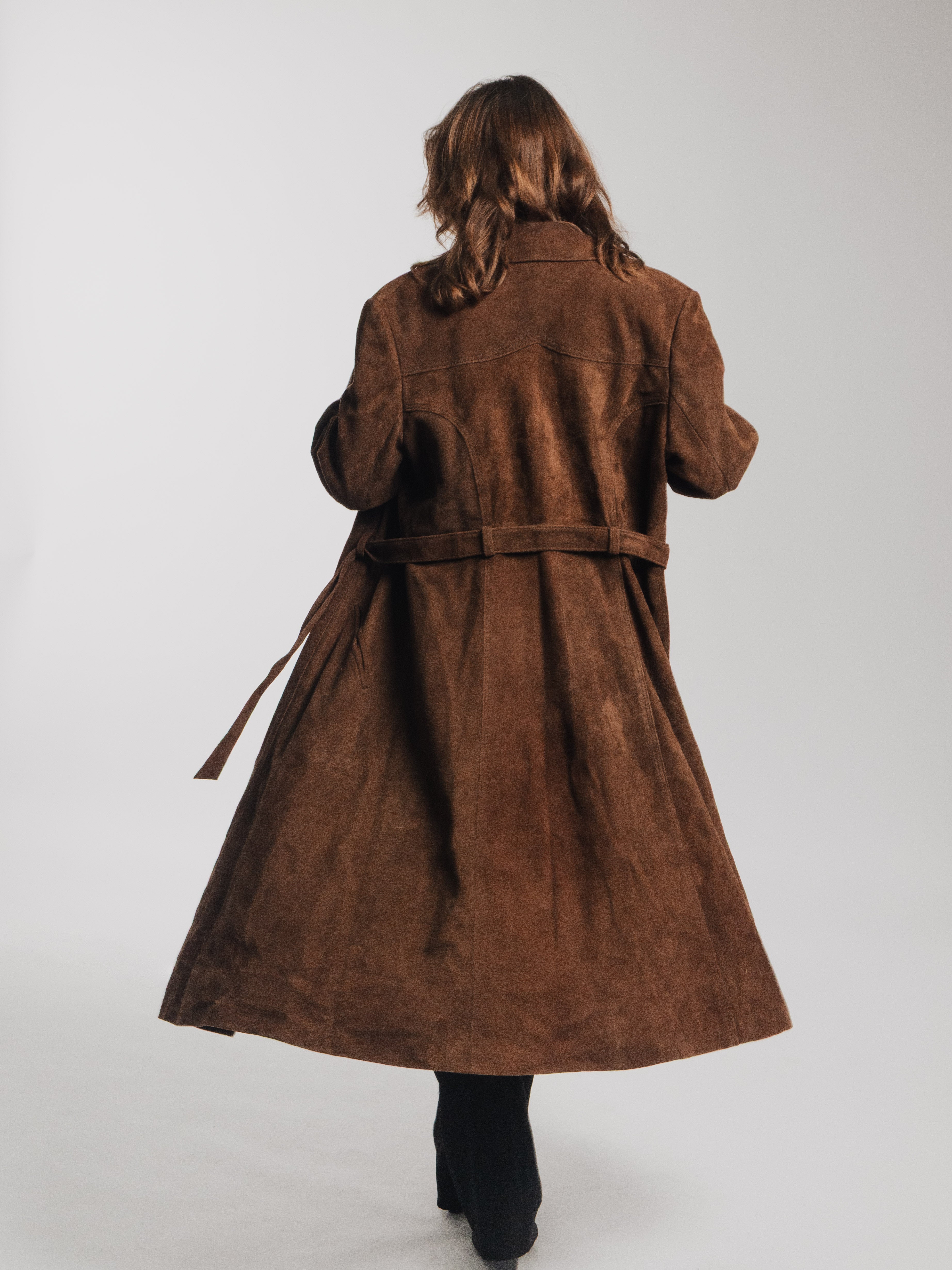 Brown Suede Leather Trench Coat