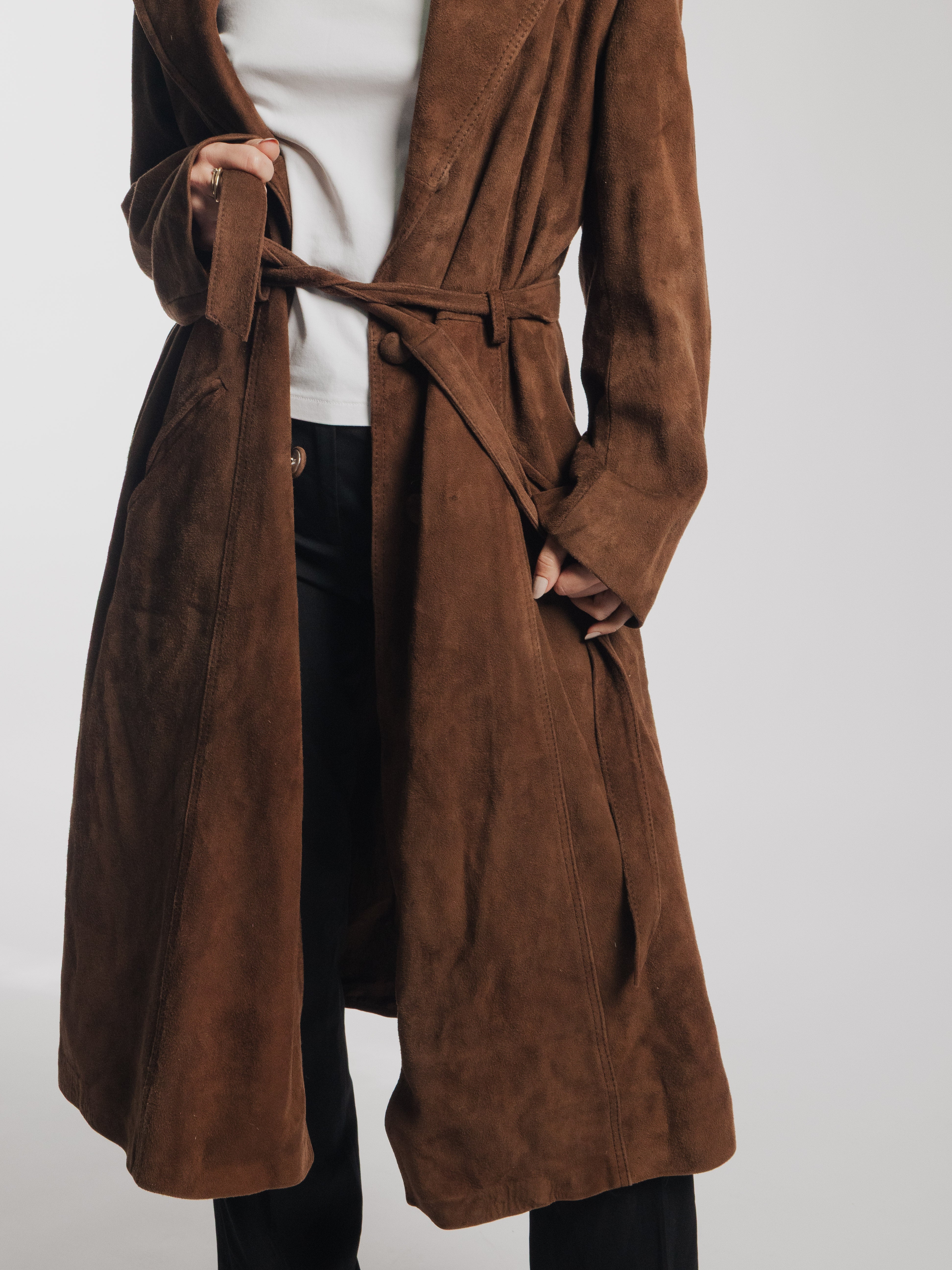 Brown Suede Leather Trench Coat