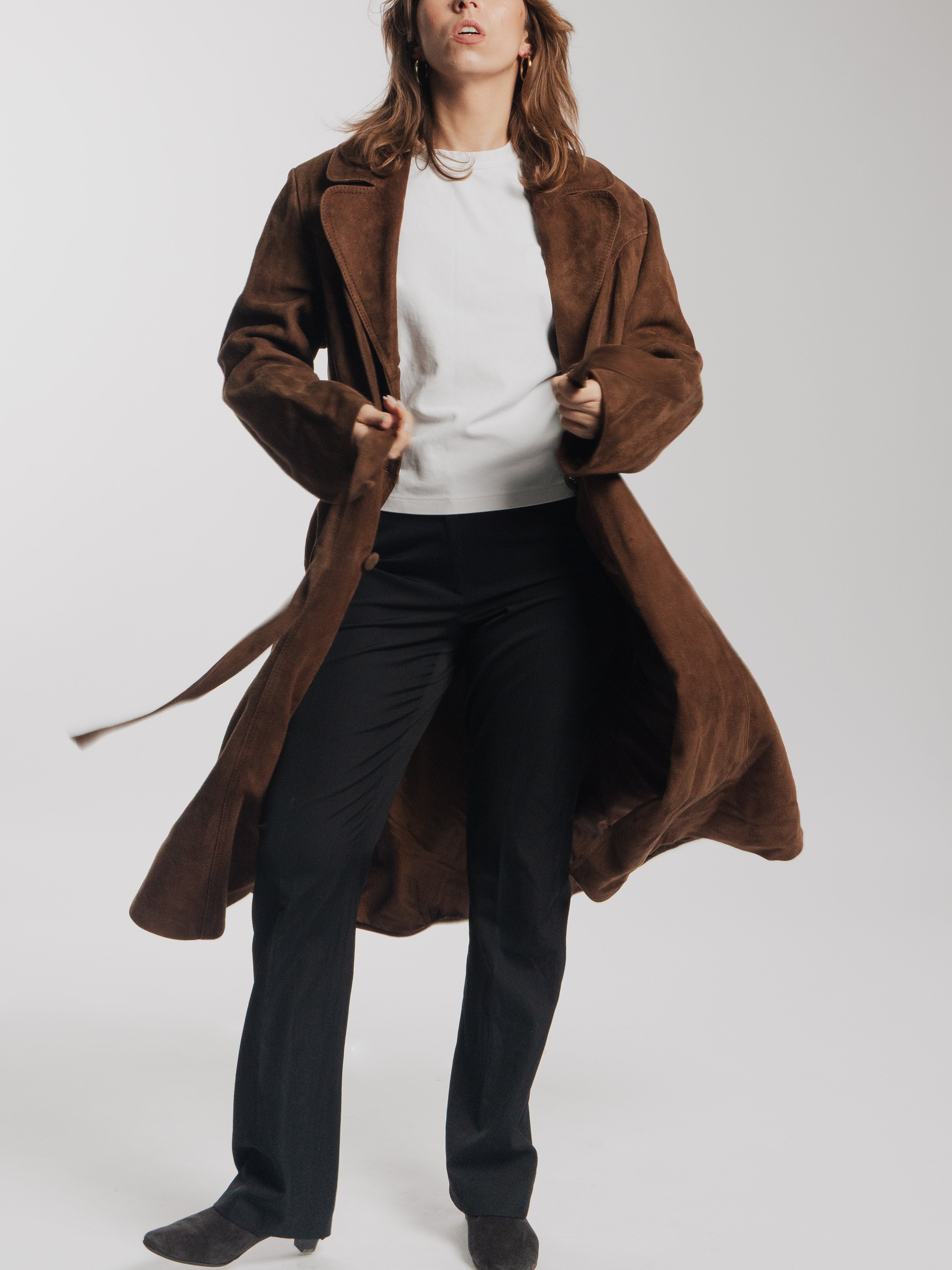Brown Suede Leather Trench Coat