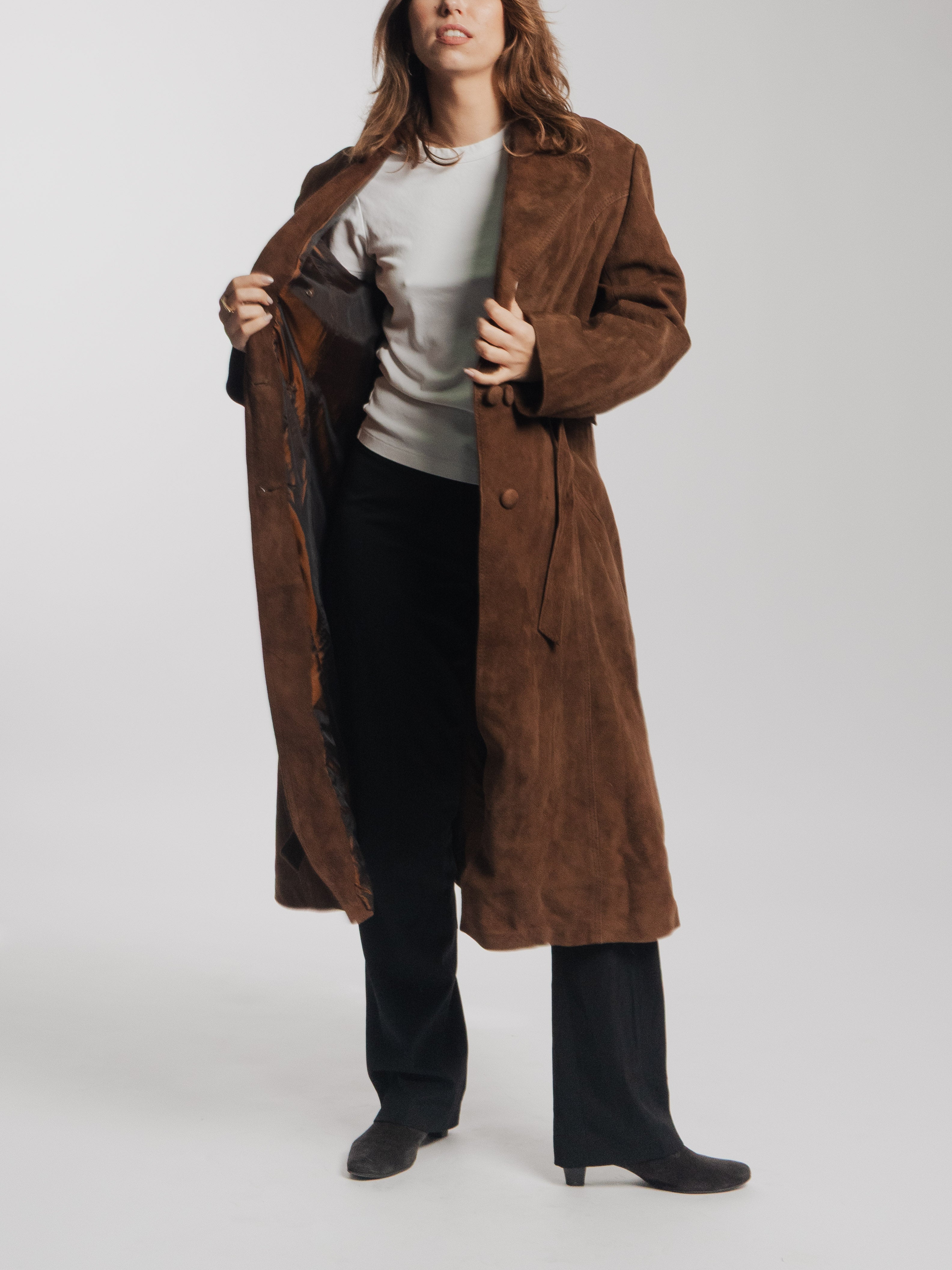 Brown Suede Leather Trench Coat