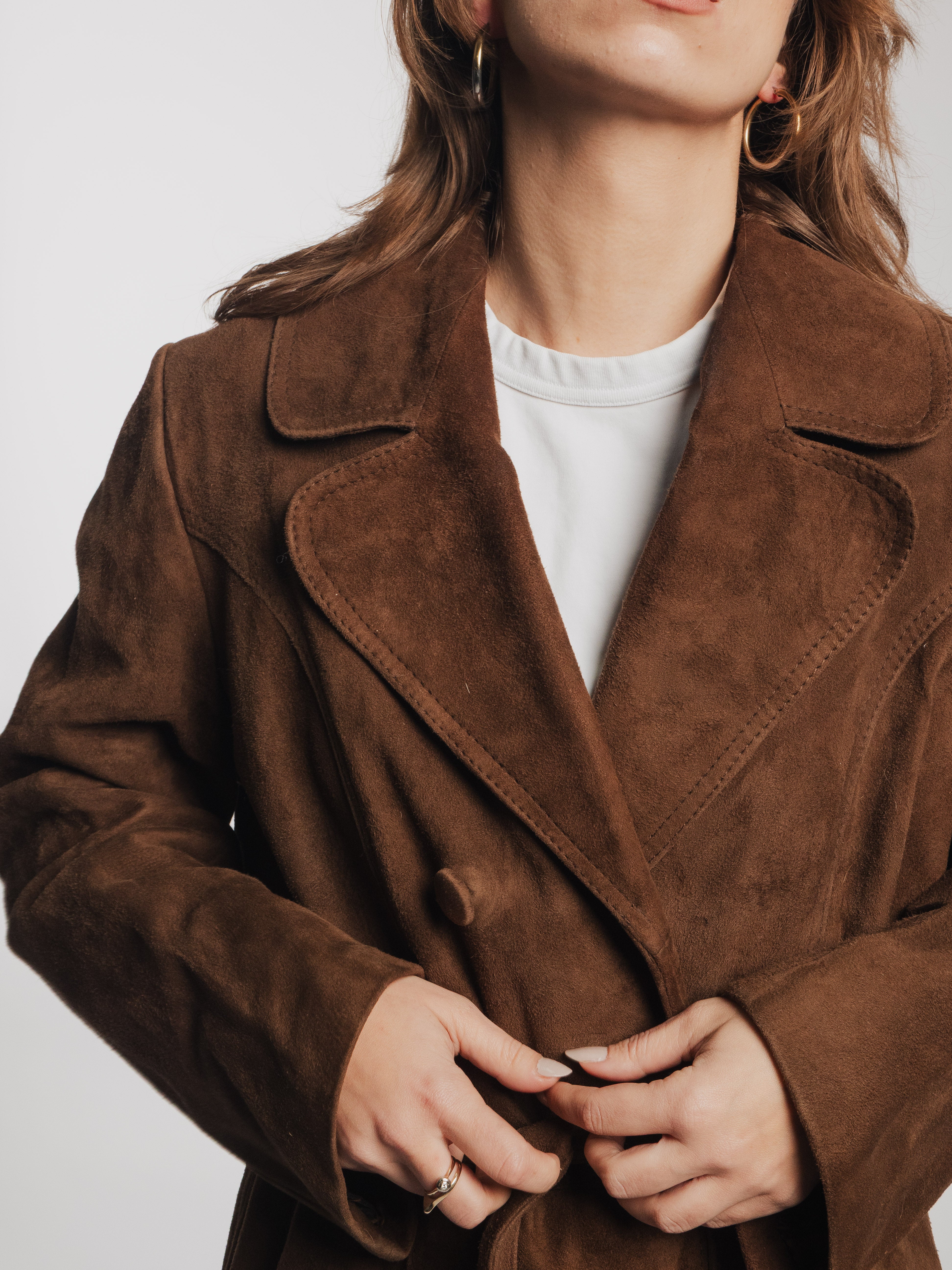 Brown Suede Leather Trench Coat