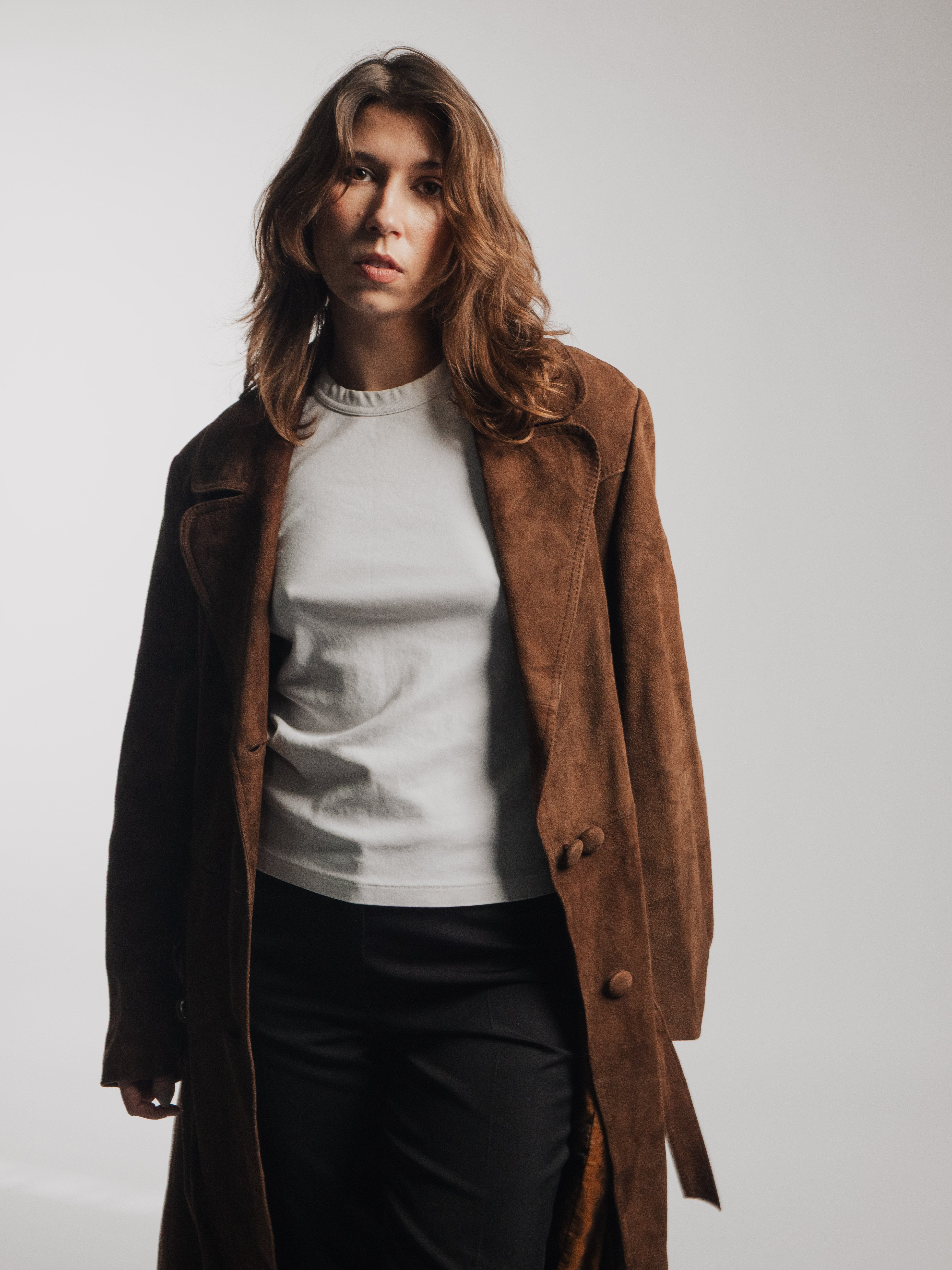 Brown Suede Leather Trench Coat