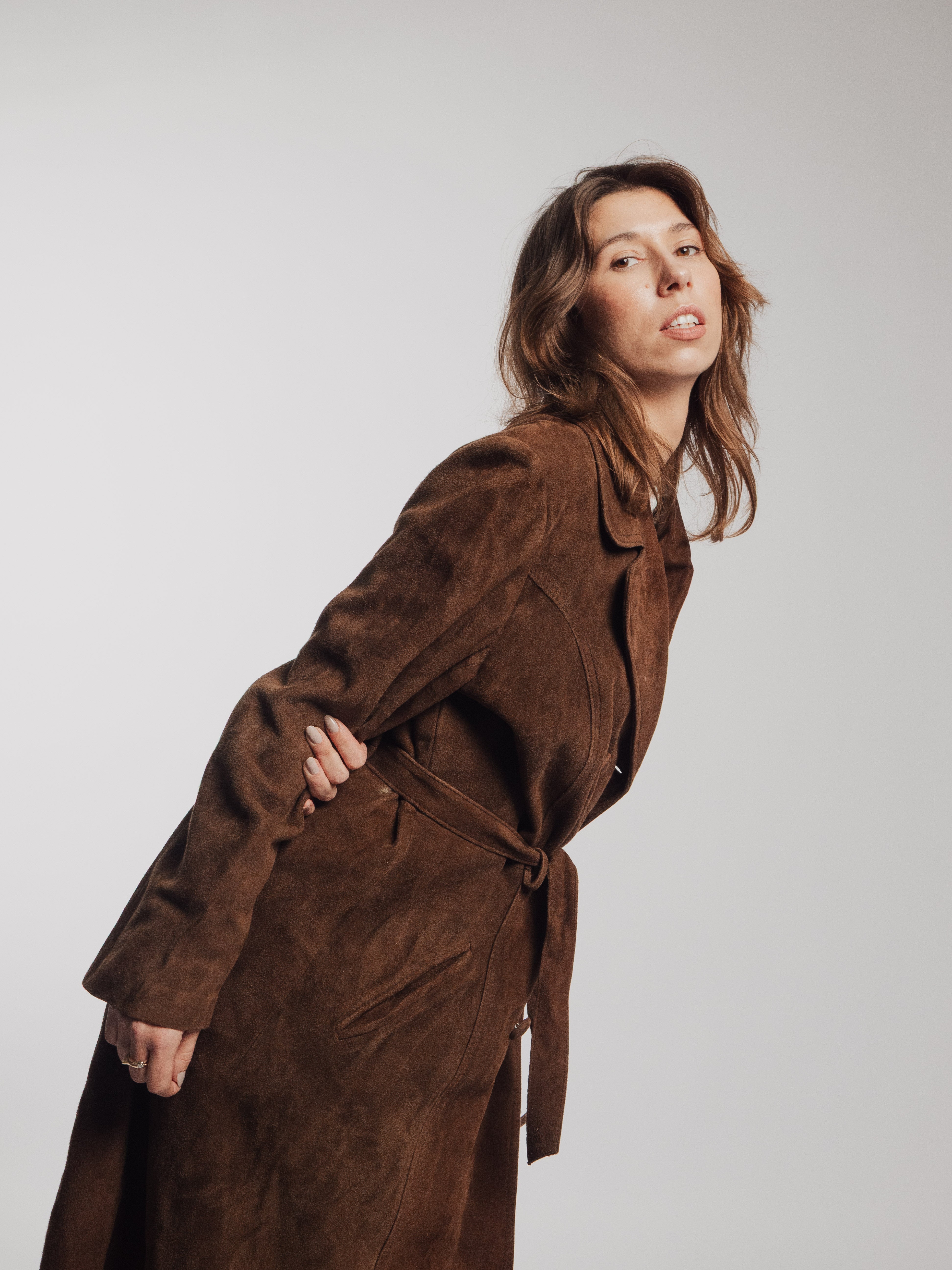Brown Suede Leather Trench Coat