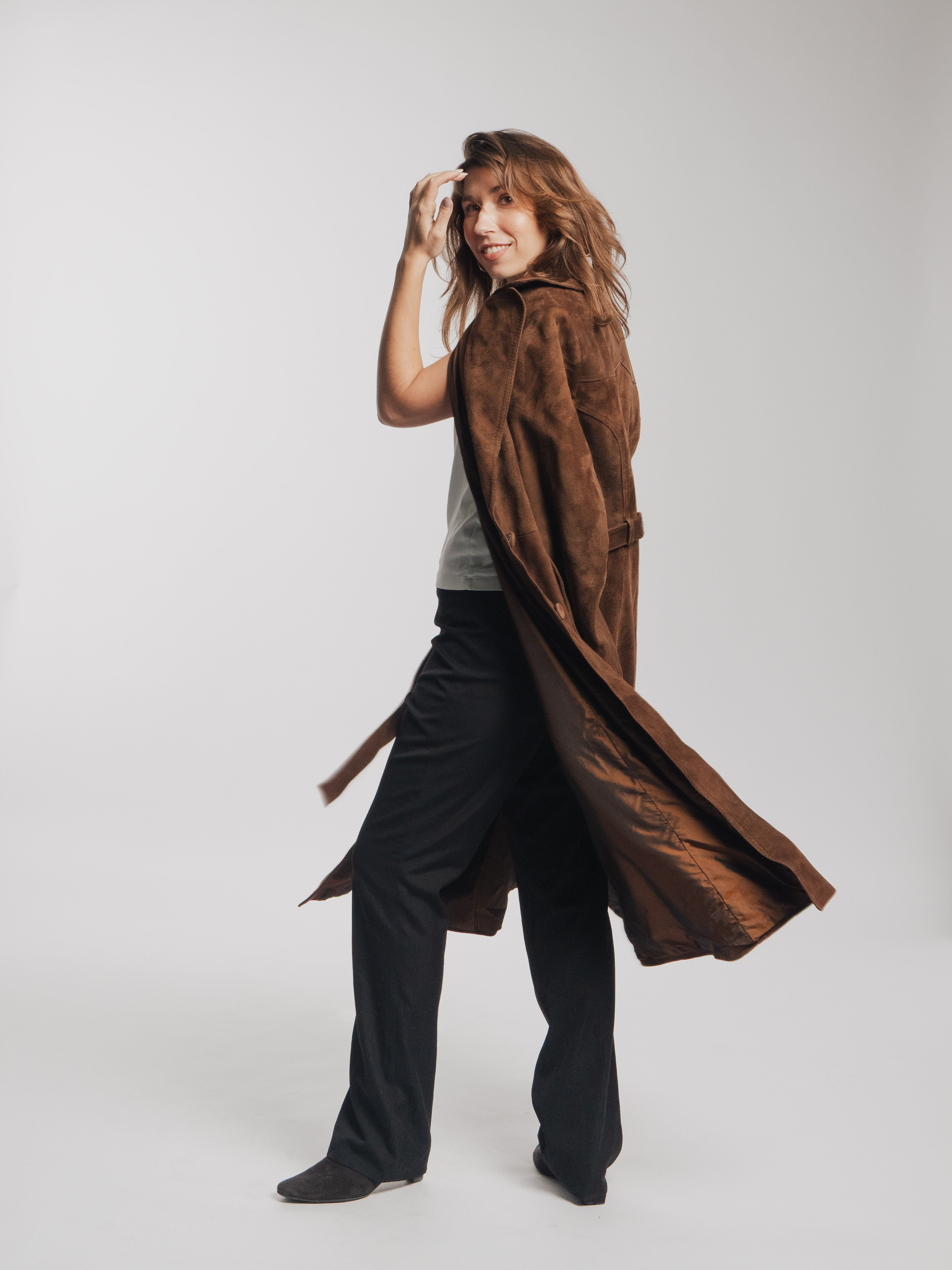 Brown Suede Leather Trench Coat