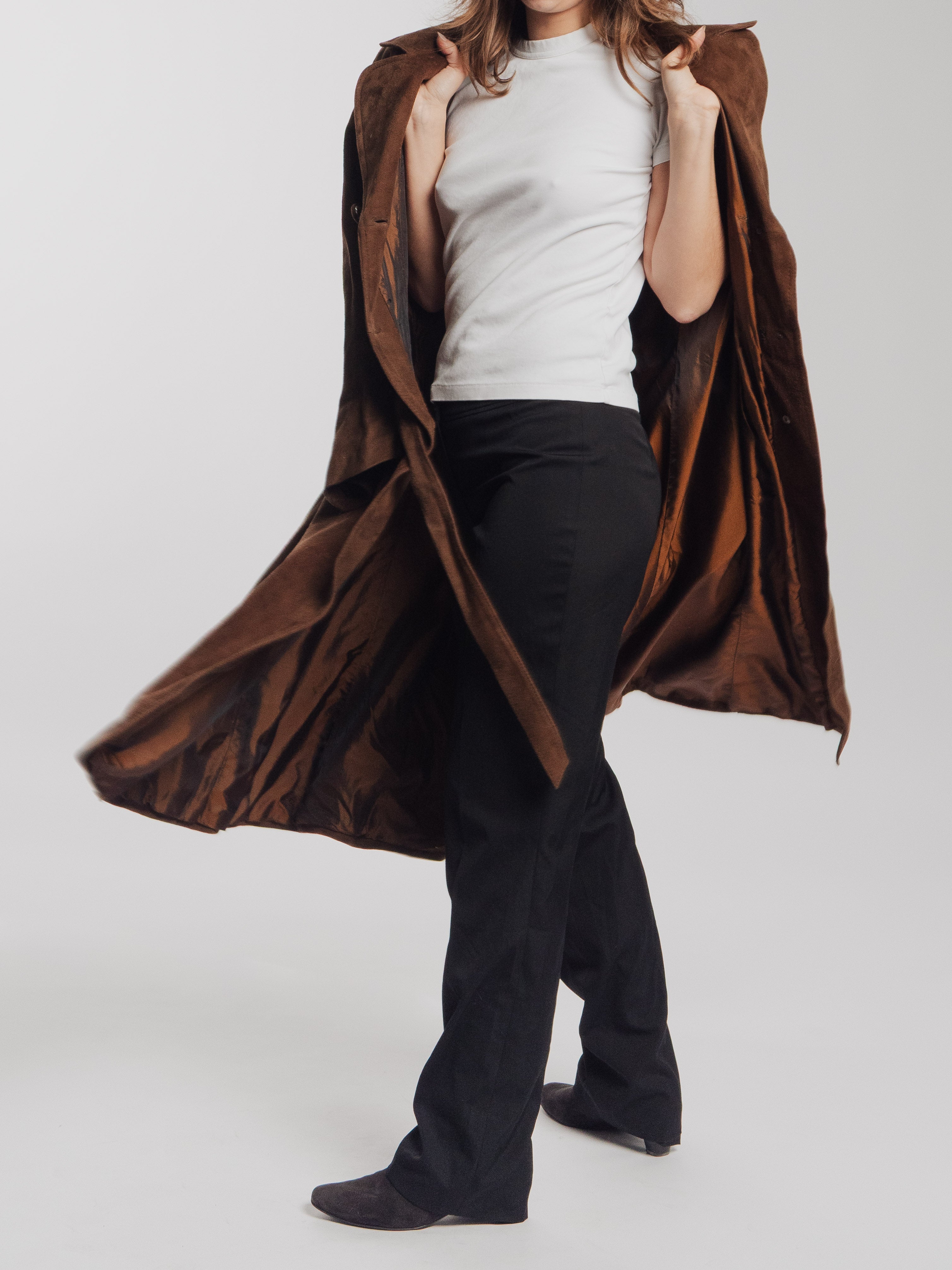 Brown Suede Leather Trench Coat