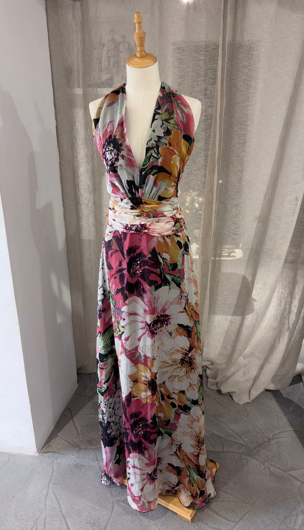 Silk maxi dress with a halter neckline flower pattern
