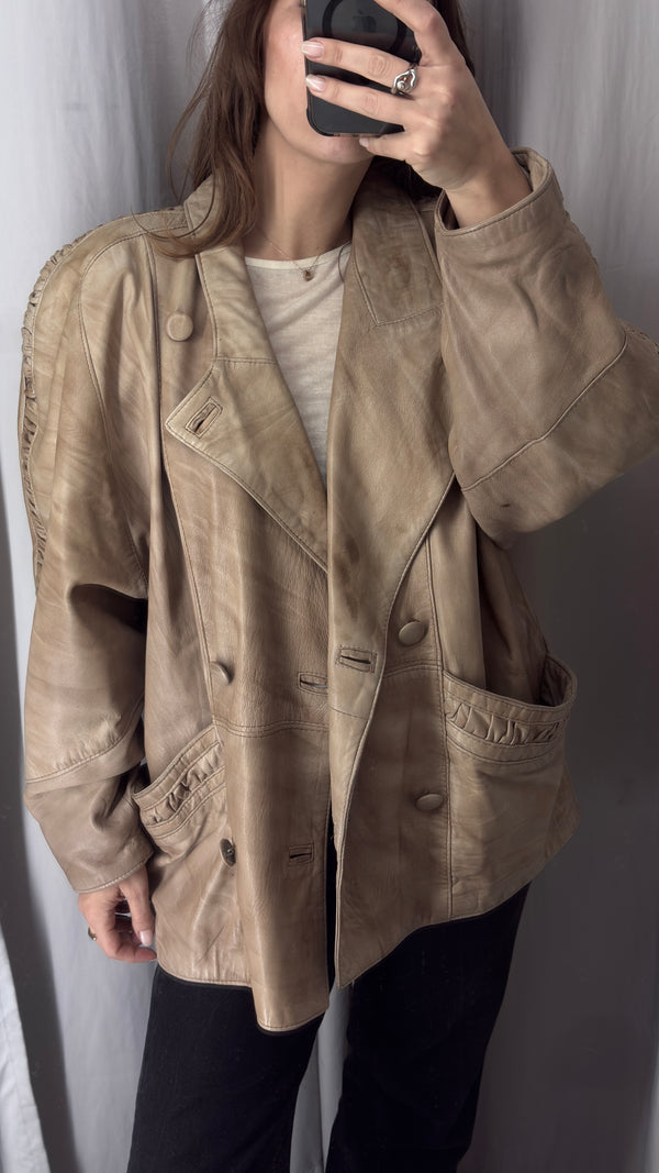 Oversized vintage beige natural leather jacket
