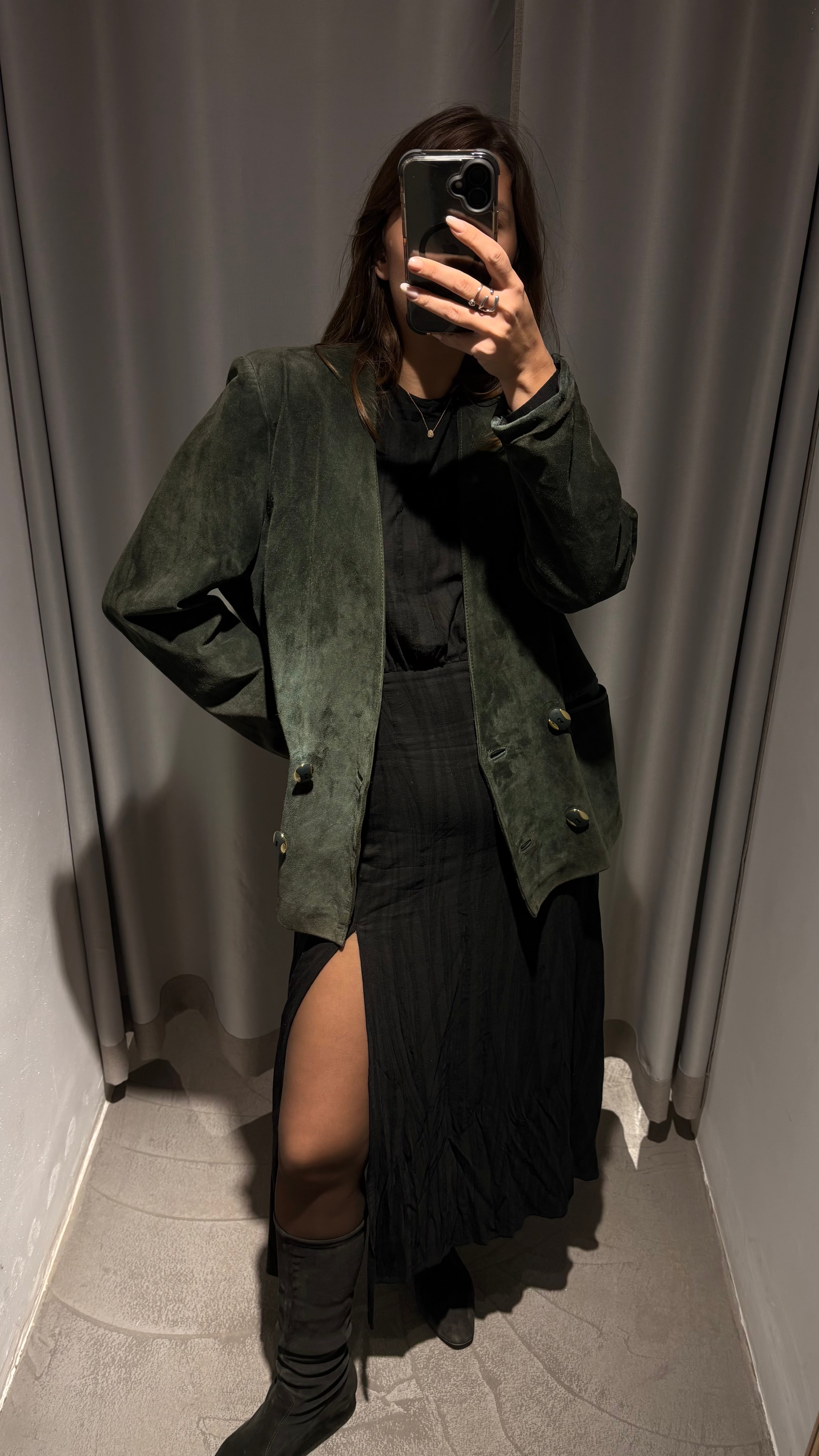 Vintage natural suede blazer in deep bottle green French style