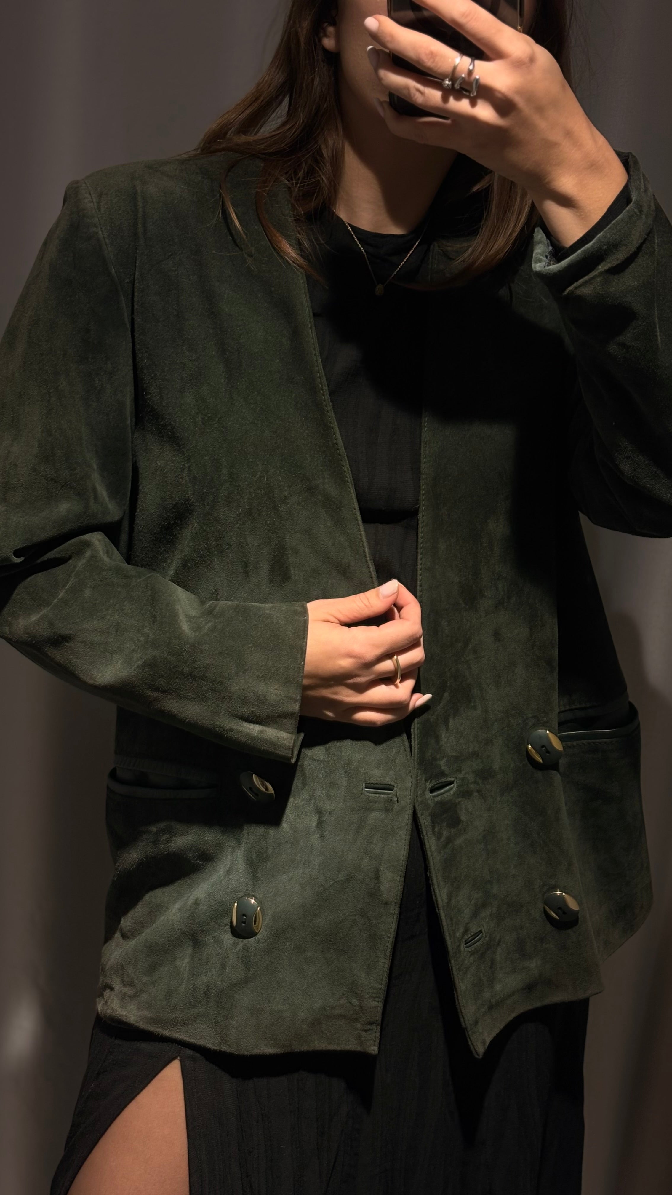 Vintage natural suede blazer in deep bottle green French style