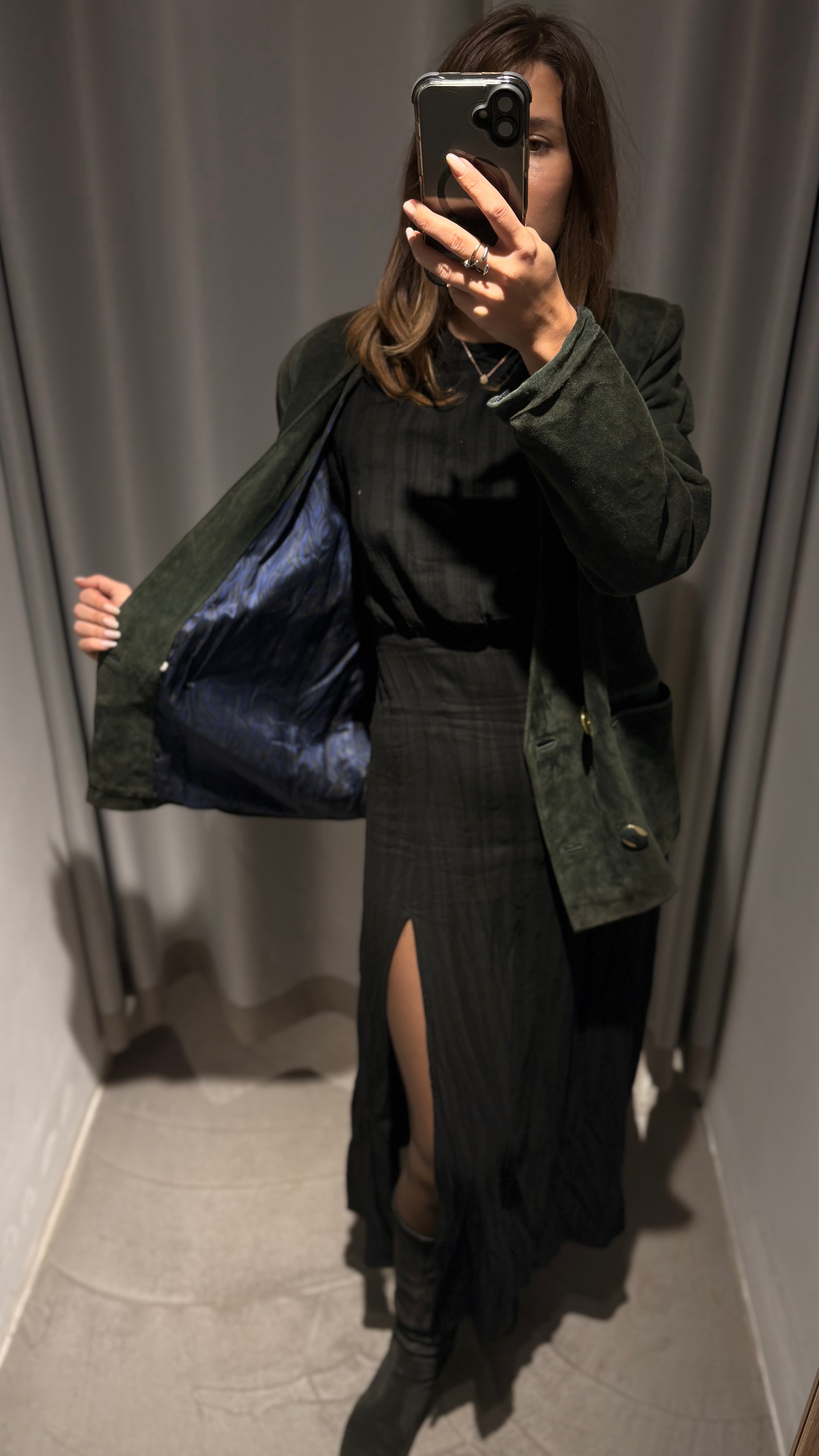 Vintage natural suede blazer in deep bottle green French style