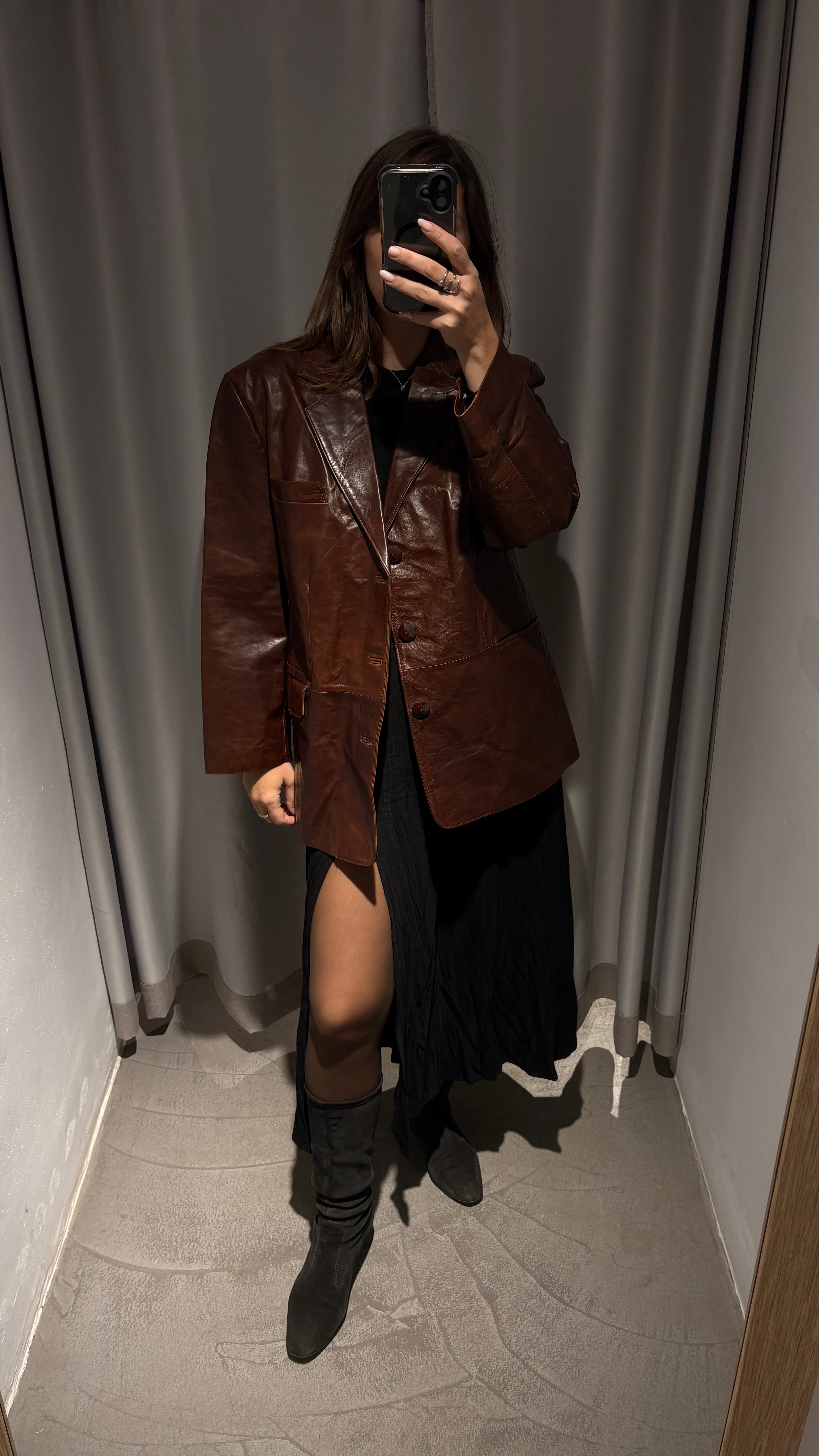 Oversized blazer-style jacket in vibrant cognac brown natural leather.