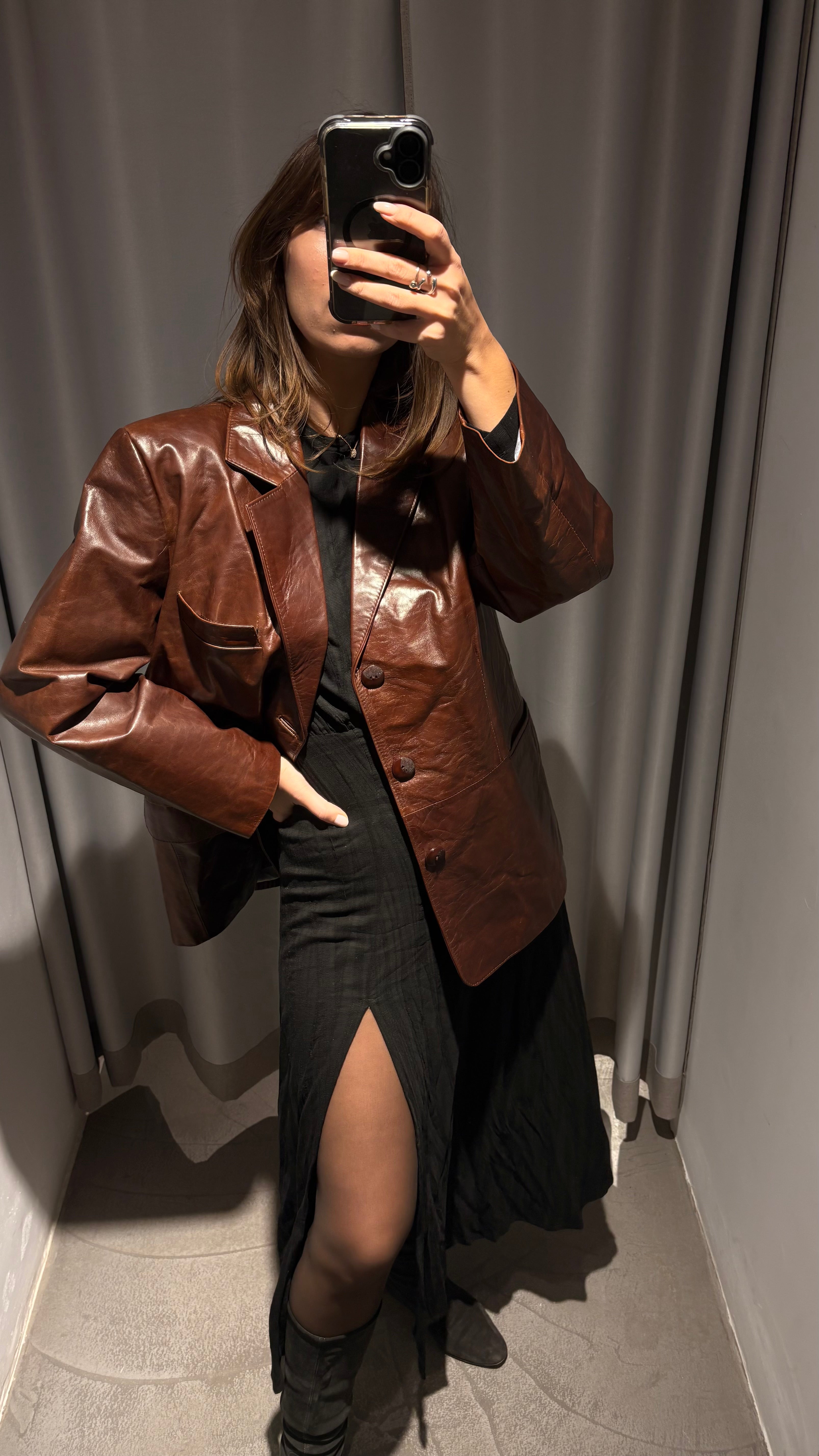 Oversized blazer-style jacket in vibrant cognac brown natural leather.