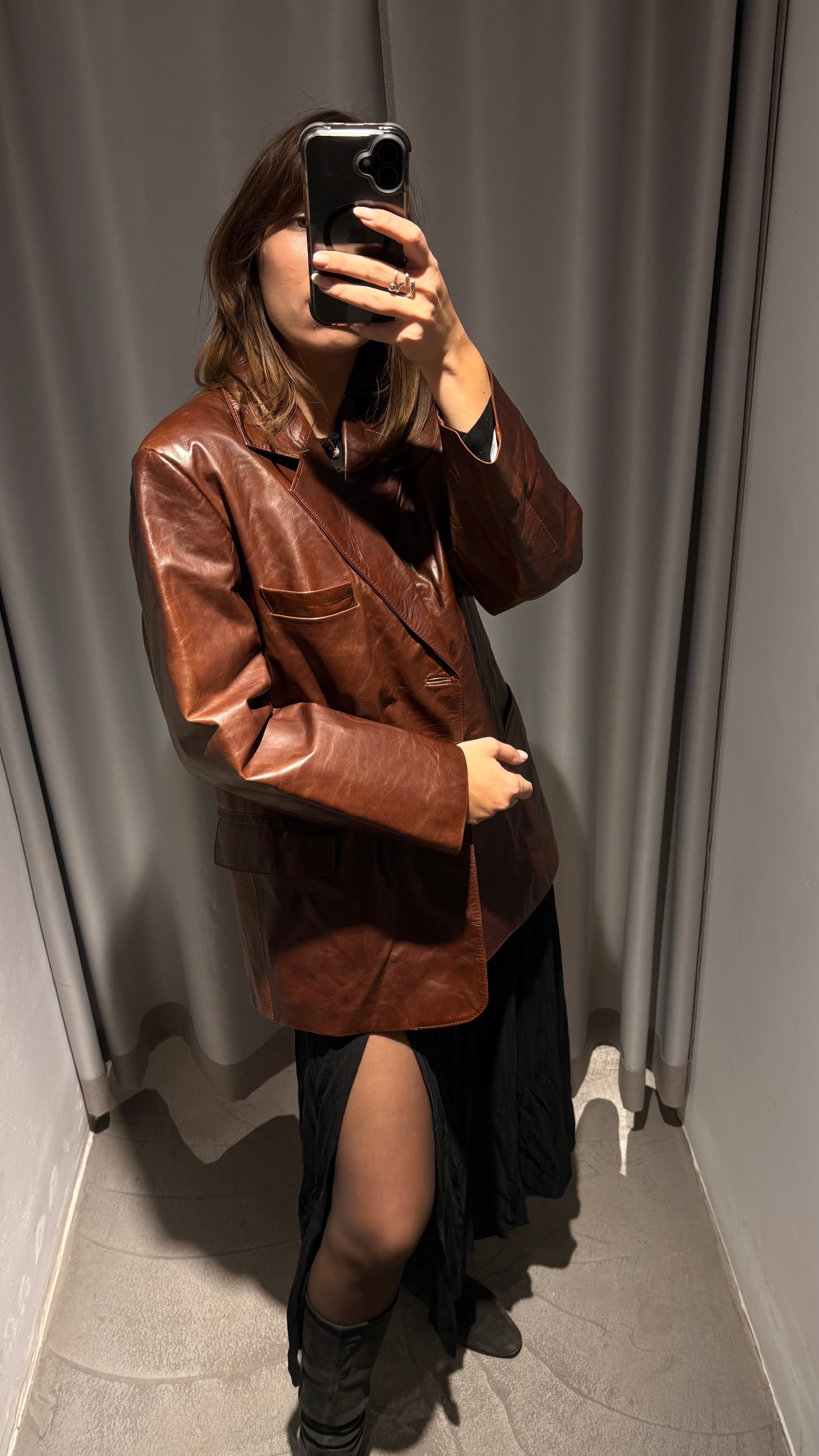 Oversized blazer-style jacket in vibrant cognac brown natural leather.