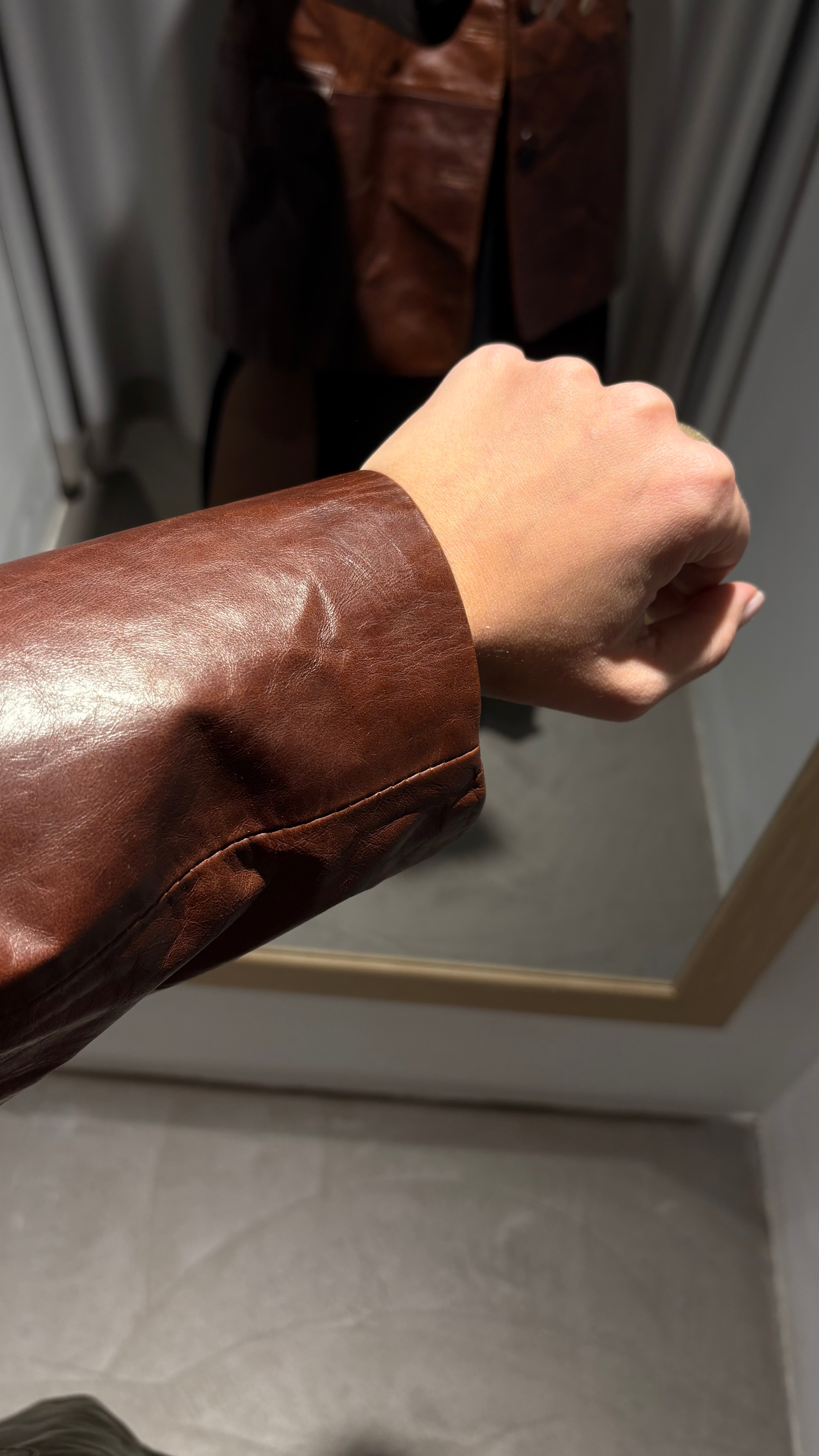 Oversized blazer-style jacket in vibrant cognac brown natural leather.