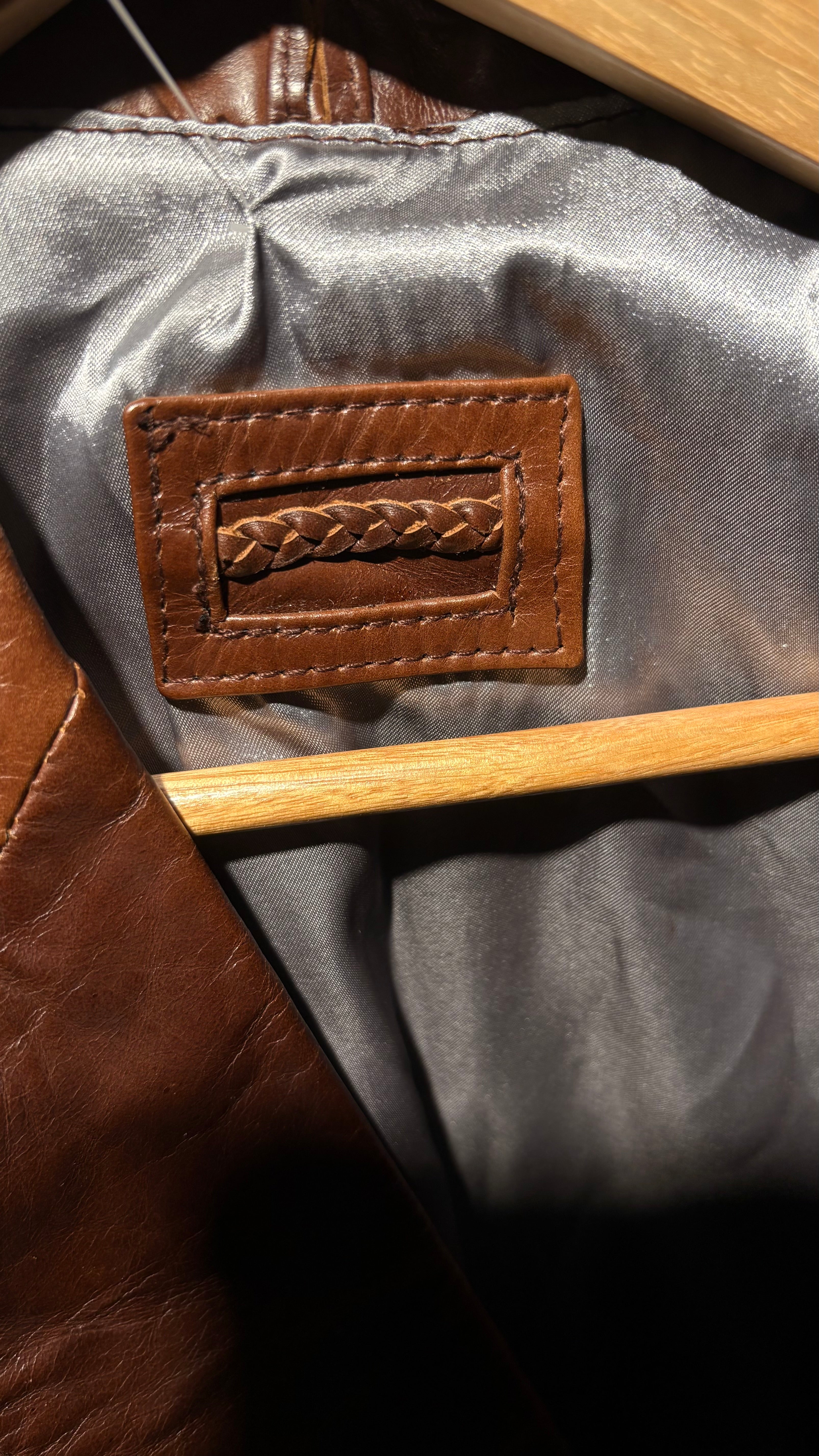 Oversized blazer-style jacket in vibrant cognac brown natural leather.