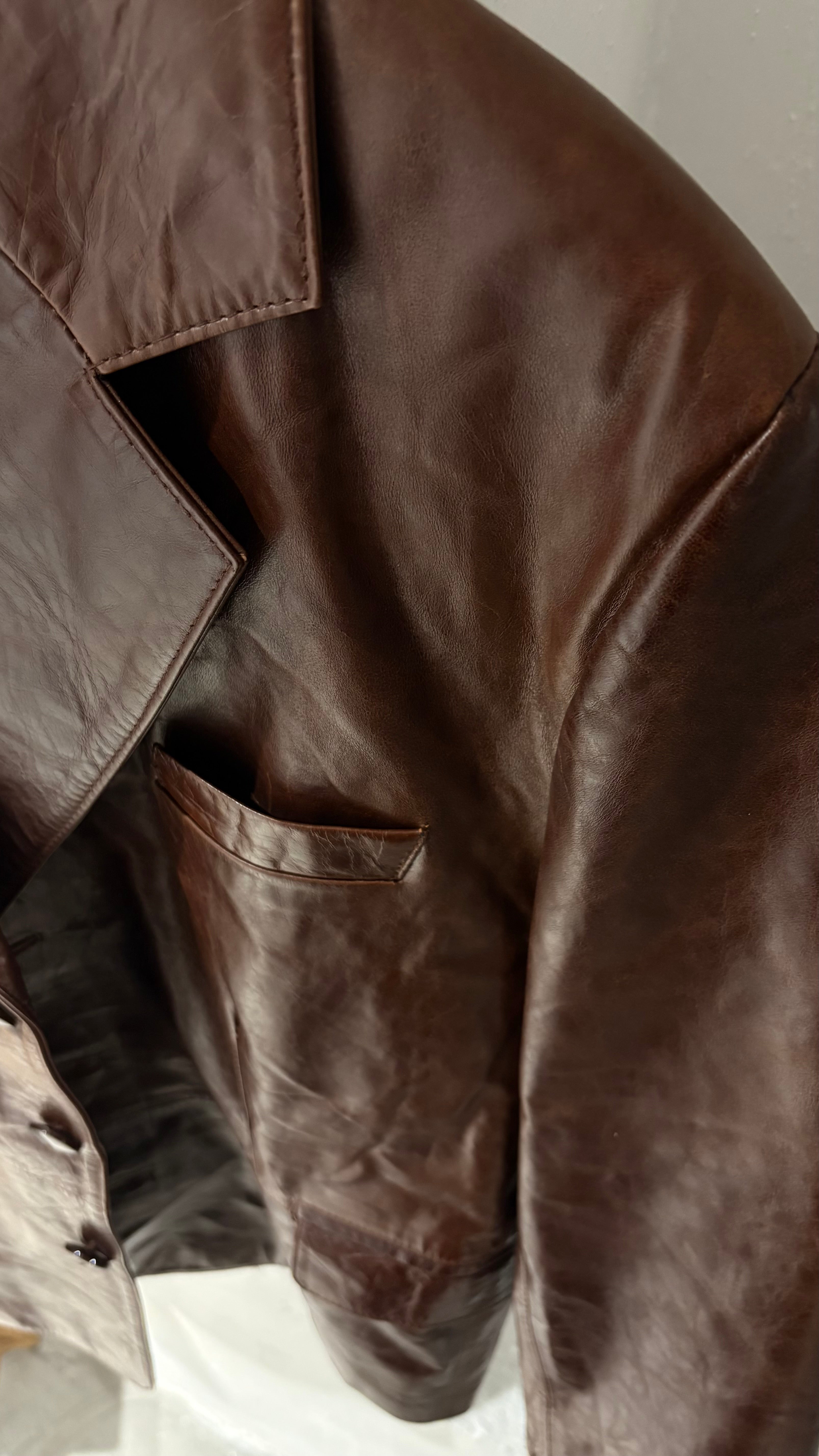 Oversized blazer-style jacket in vibrant cognac brown natural leather.