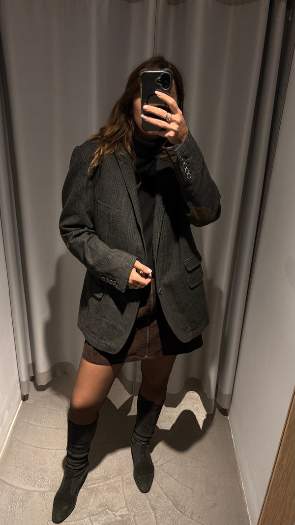 Grey cotton check blazer with subtle brown accents.