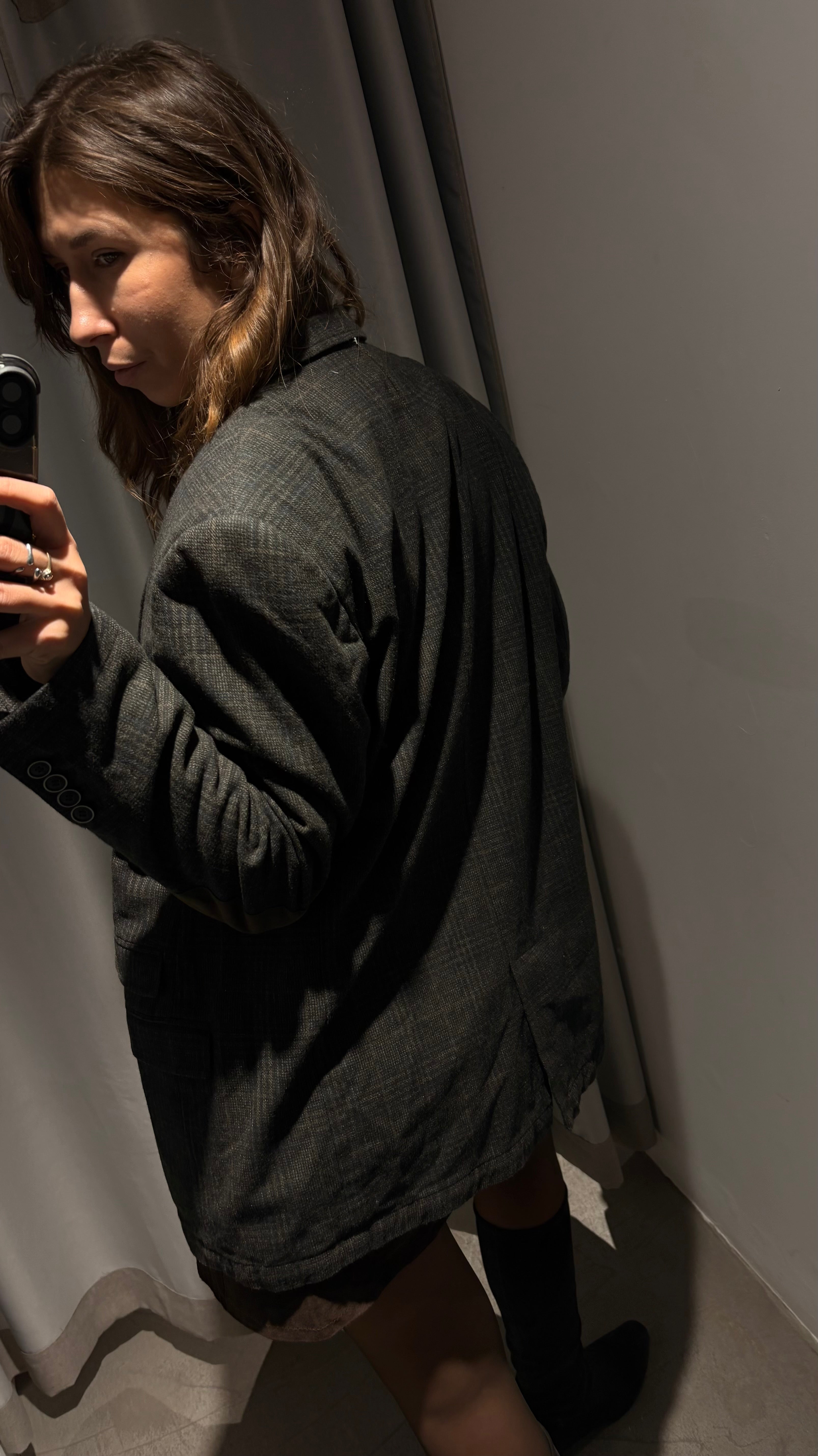 Grey cotton check blazer with subtle brown accents.