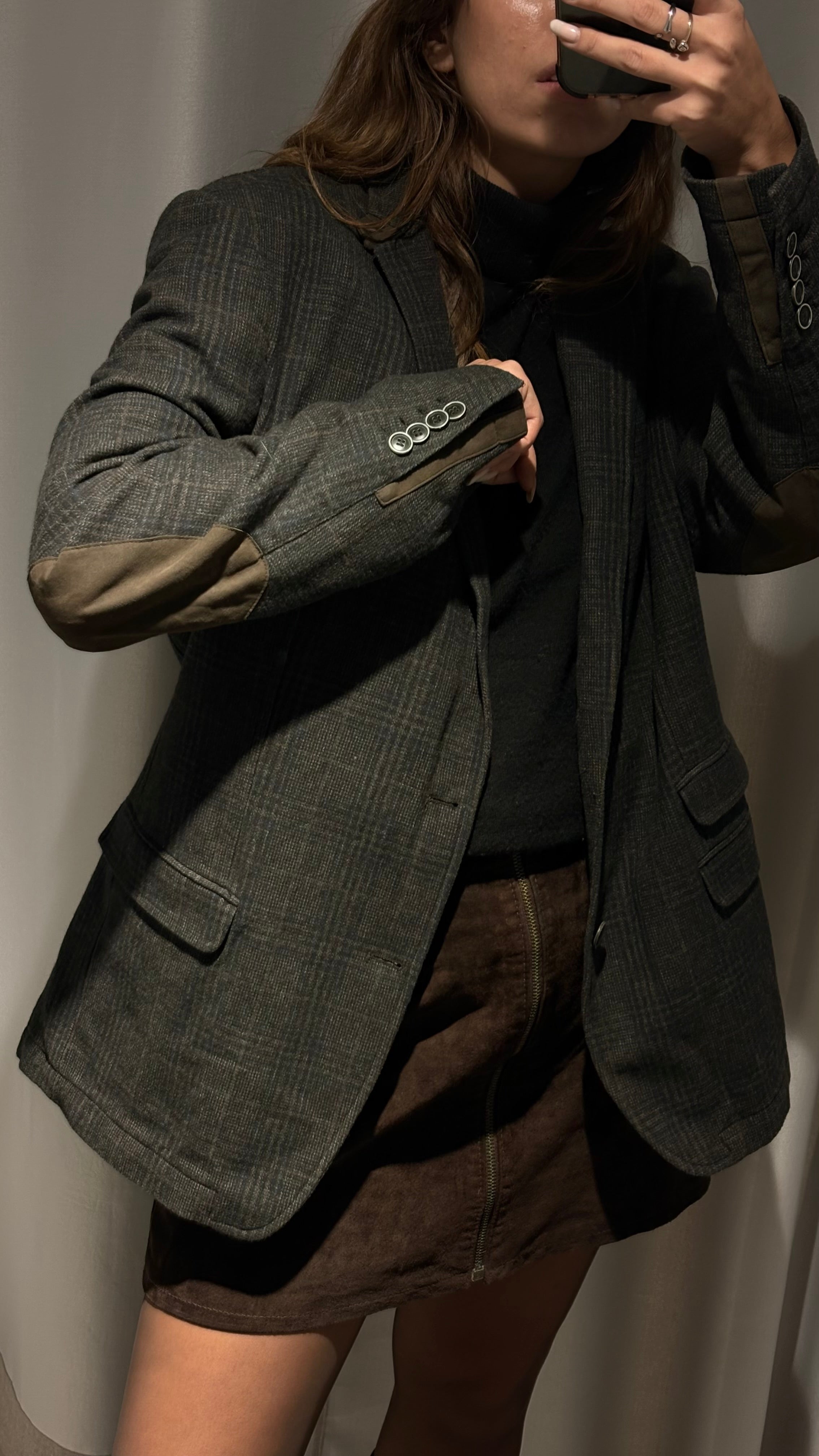 Grey cotton check blazer with subtle brown accents.