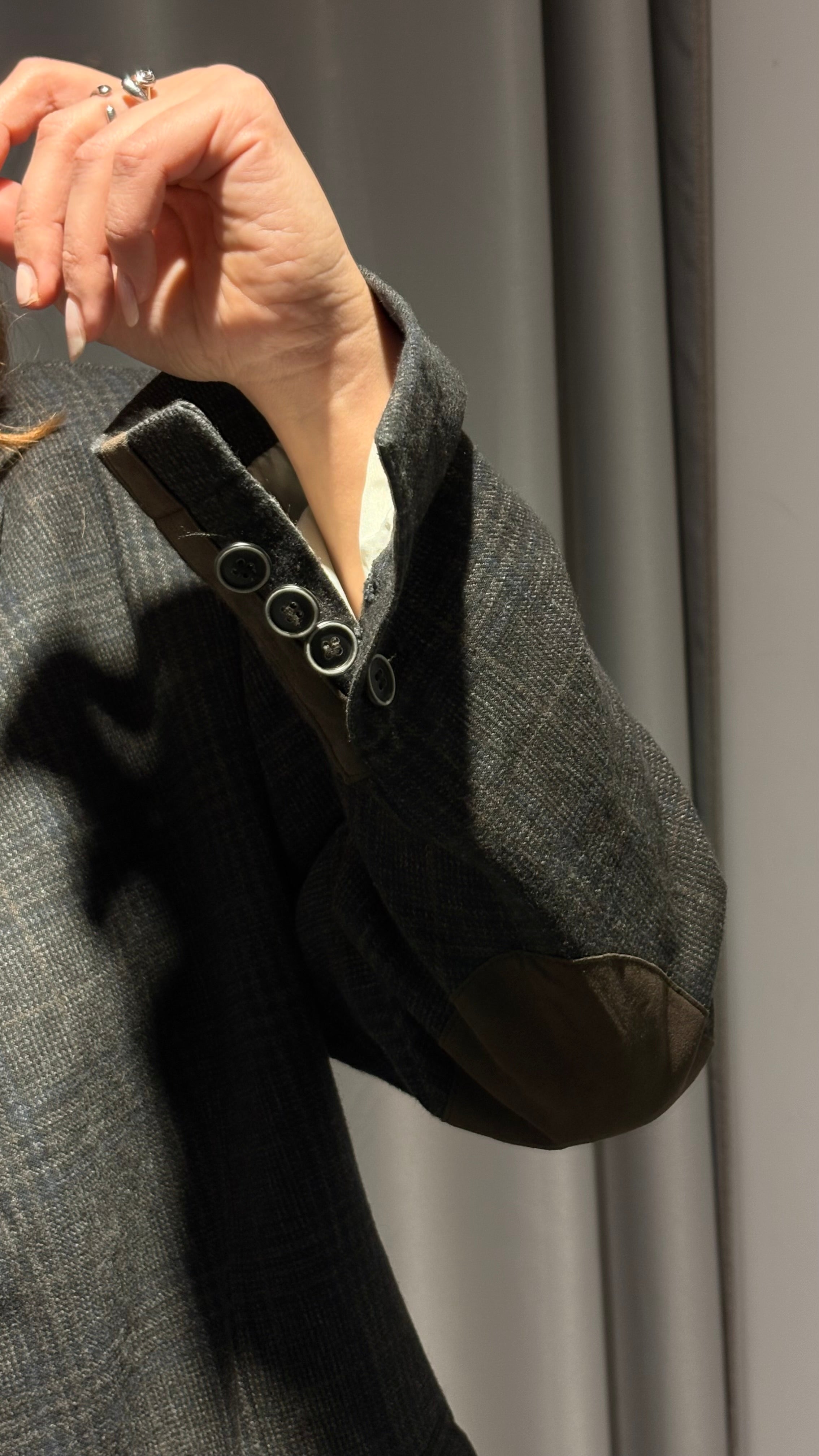 Grey cotton check blazer with subtle brown accents.