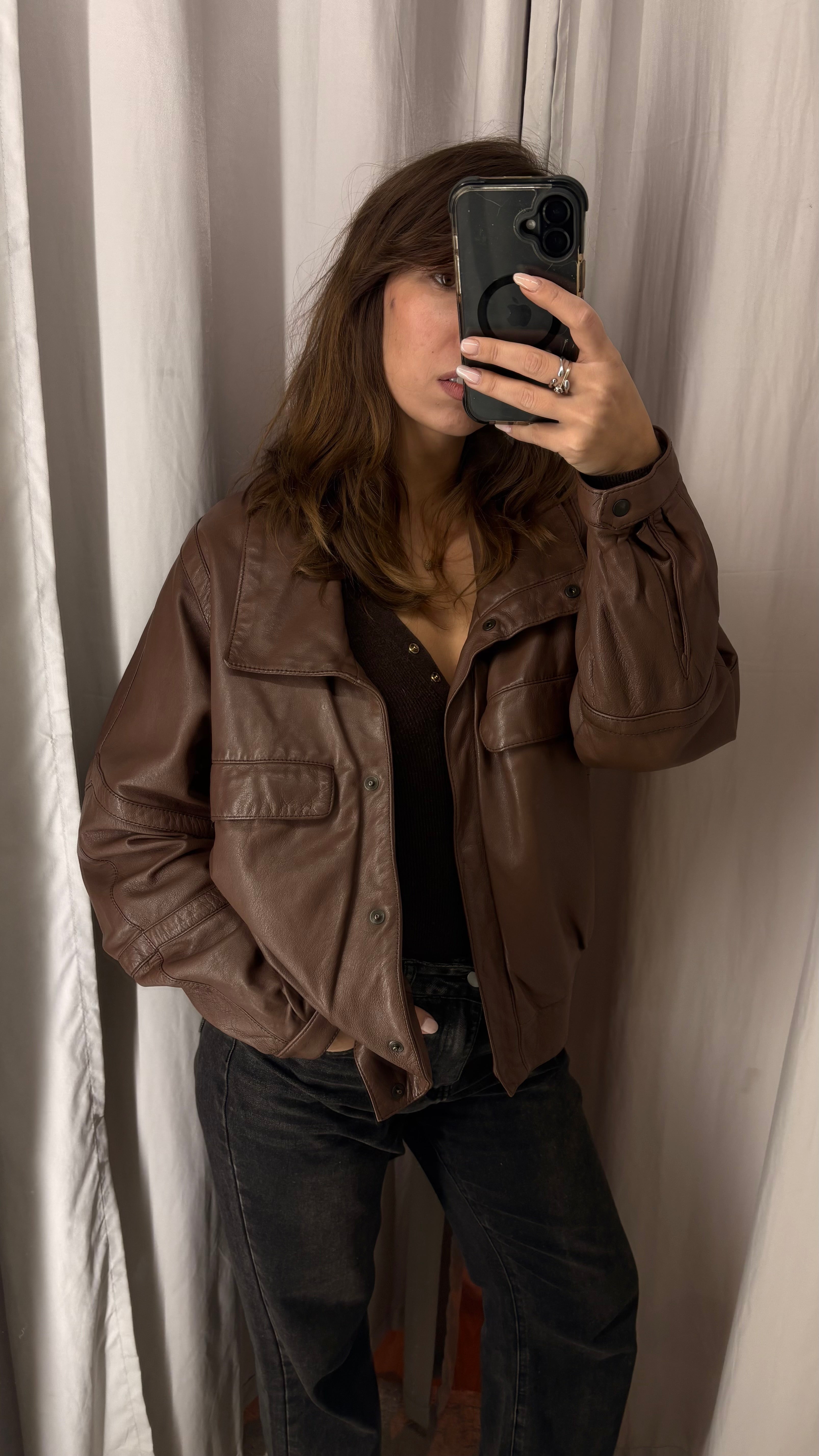 Vintage jacket in natural leather — biker-bomber style in taupe brown and beige