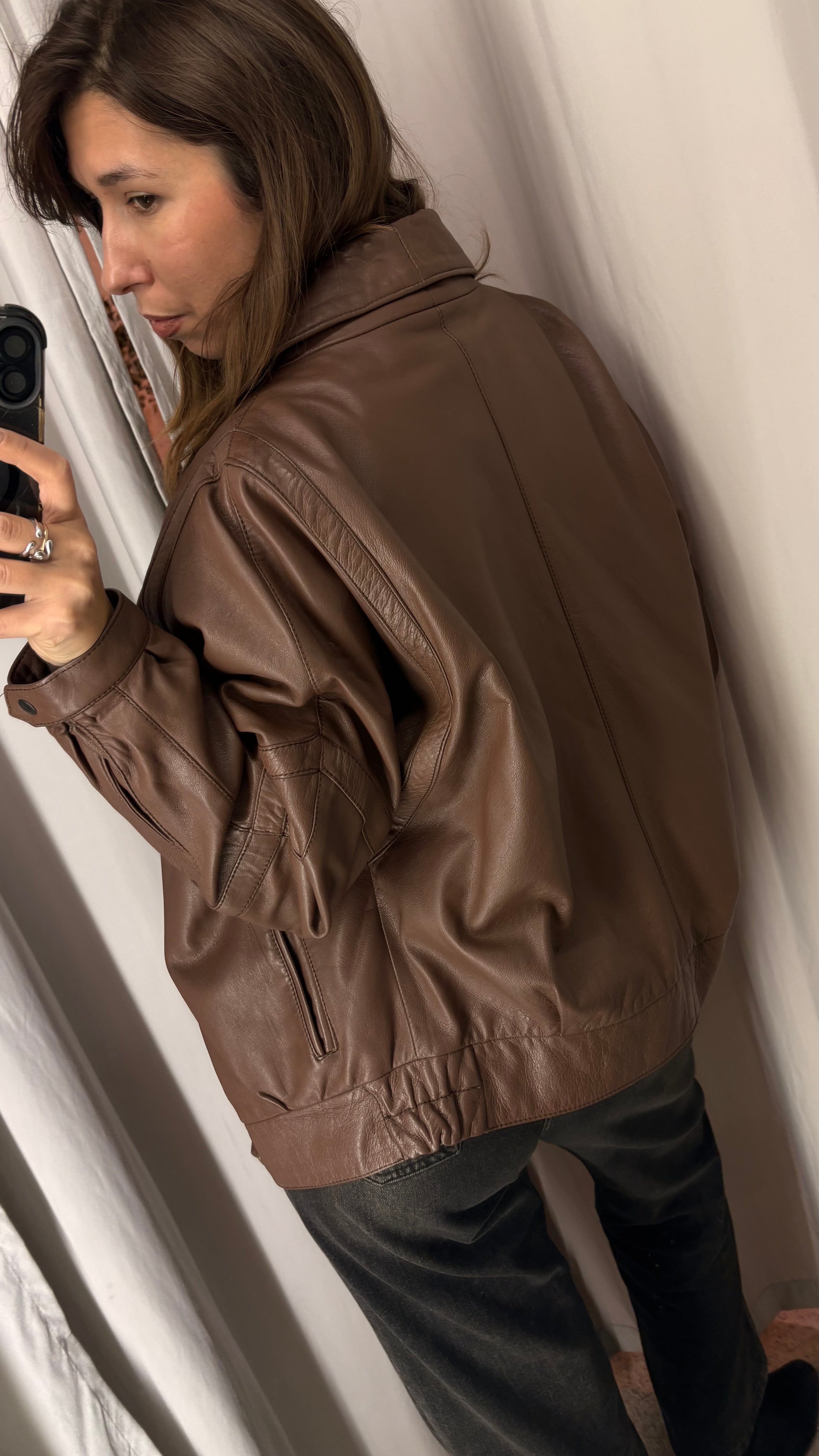 Vintage jacket in natural leather — biker-bomber style in taupe brown and beige