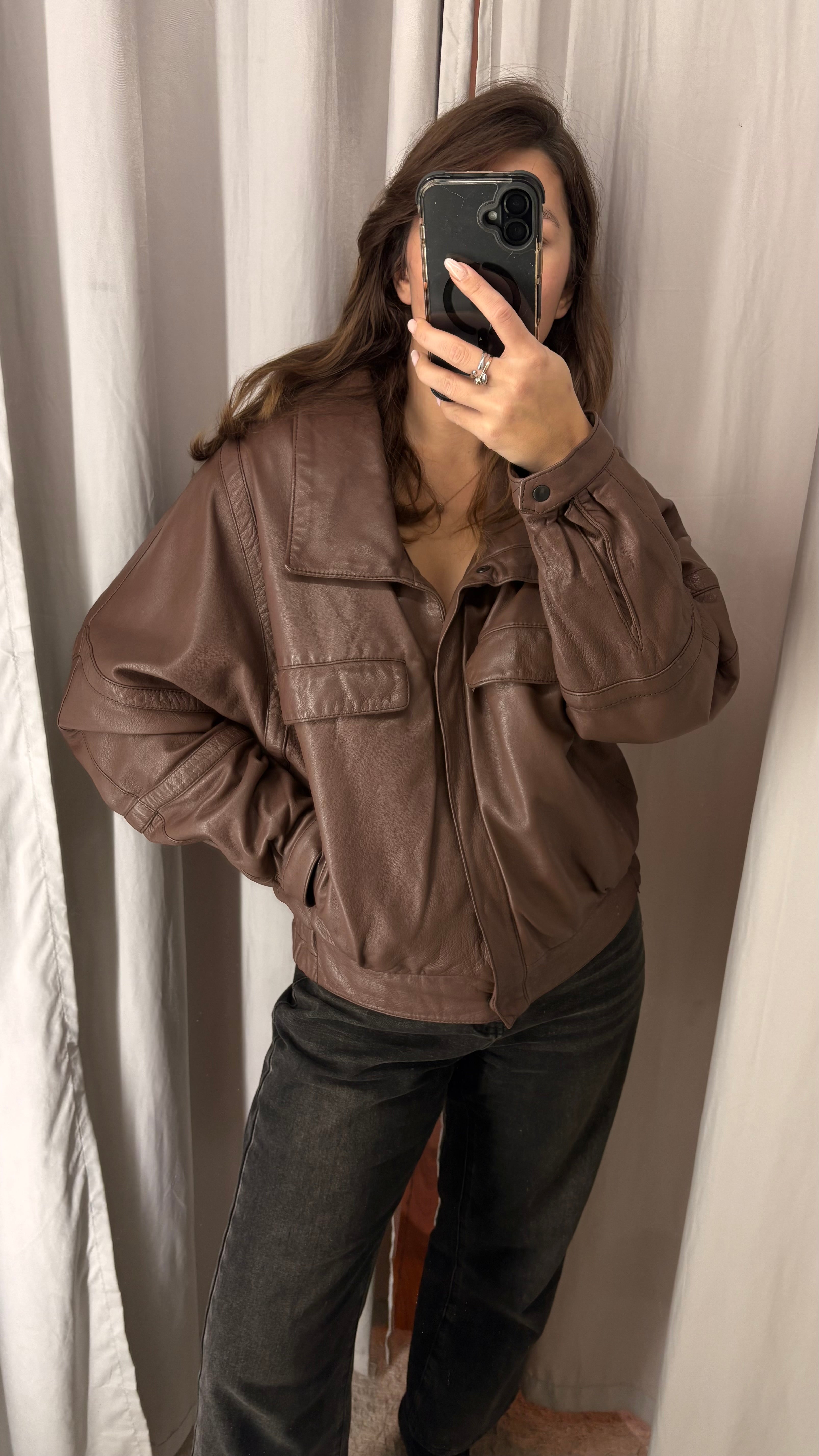 Vintage jacket in natural leather — biker-bomber style in taupe brown and beige