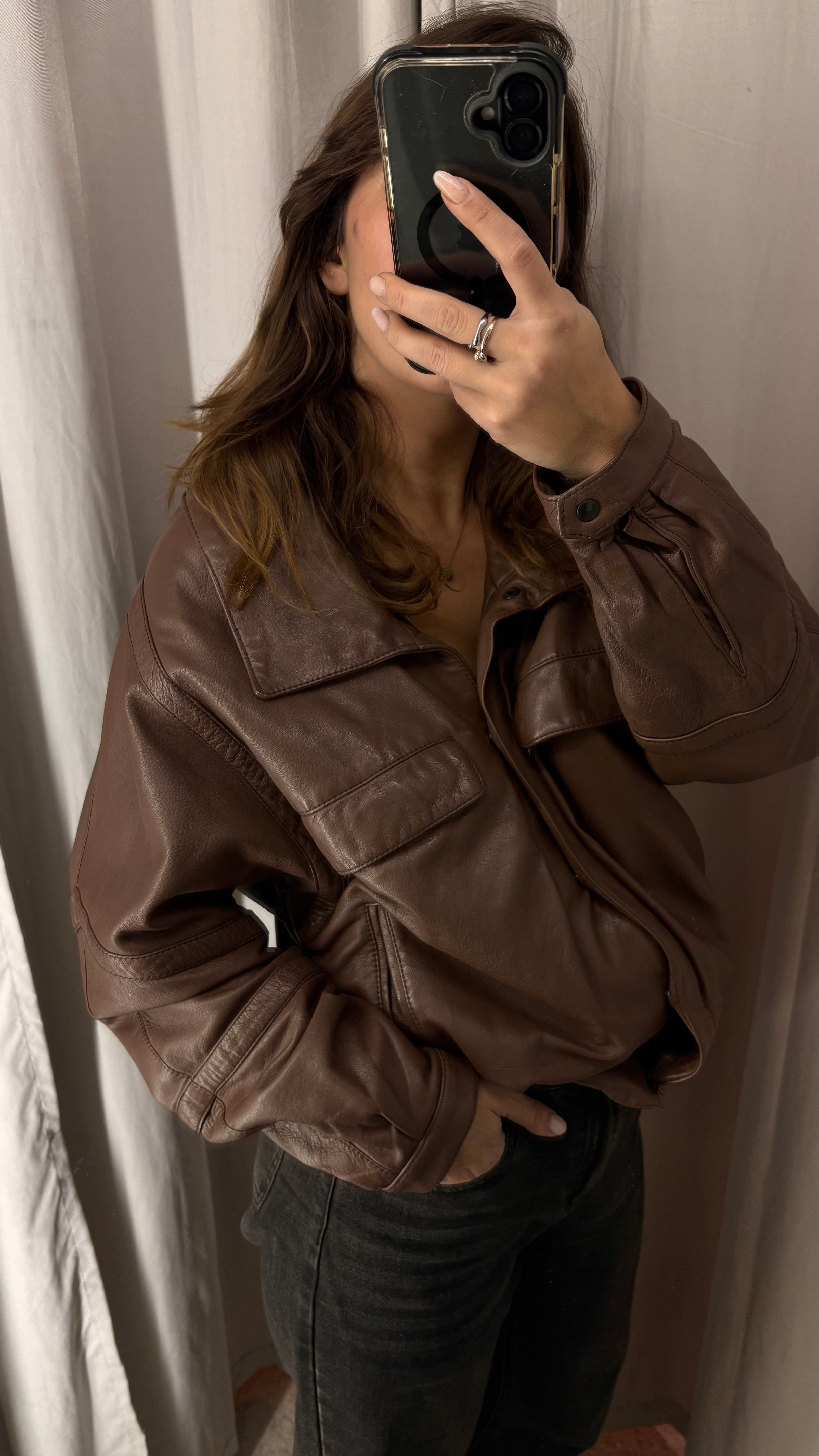 Vintage jacket in natural leather — biker-bomber style in taupe brown and beige