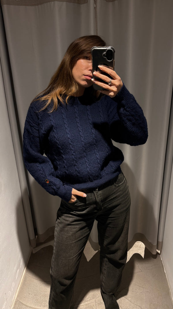 Jersey vintage de punto de lana 100% azul marino oscuro cortito