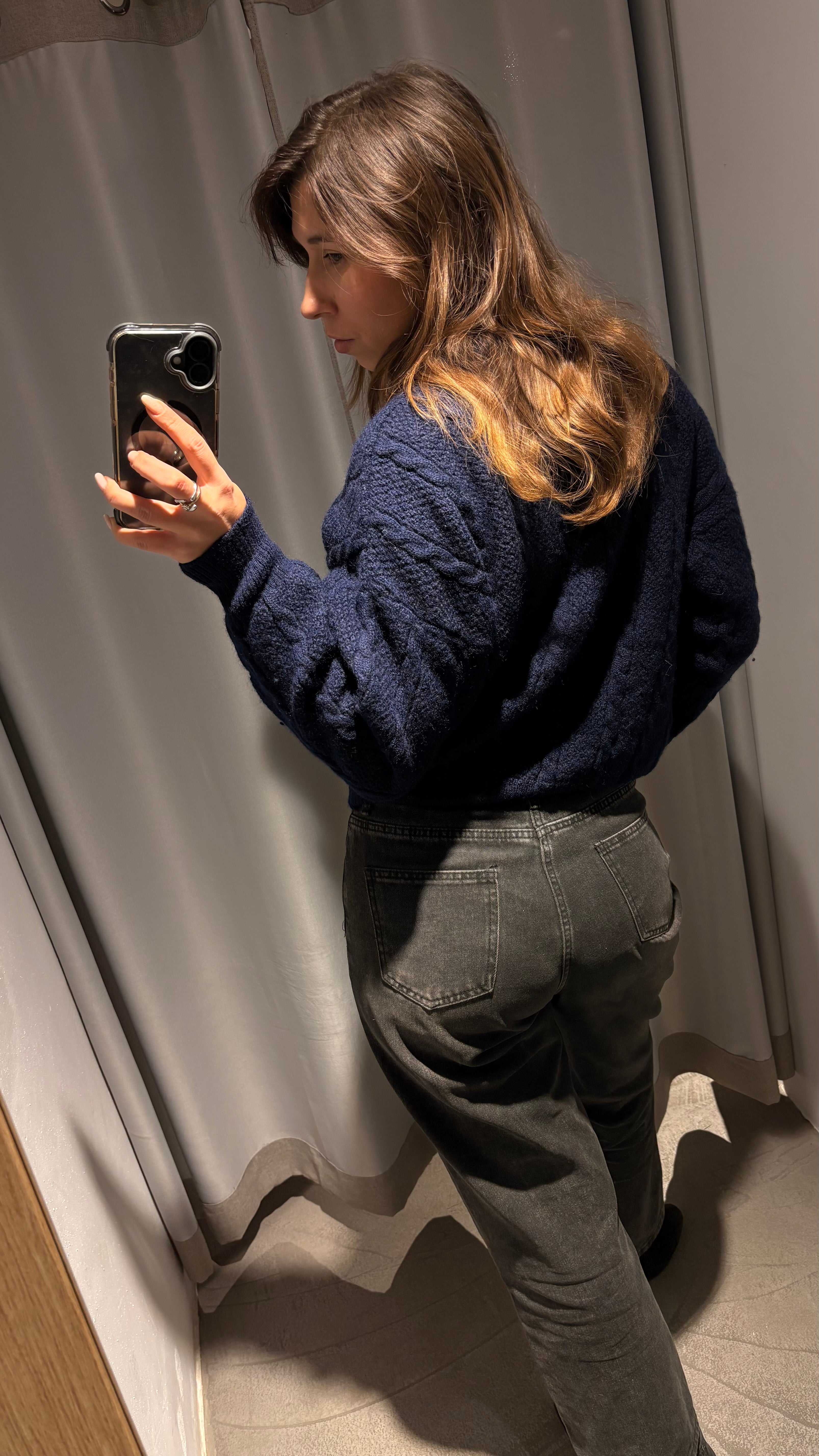 Vintage mohair knit sweater in an oversized silhouette, featuring deep navy blue and dark forest-green tones.