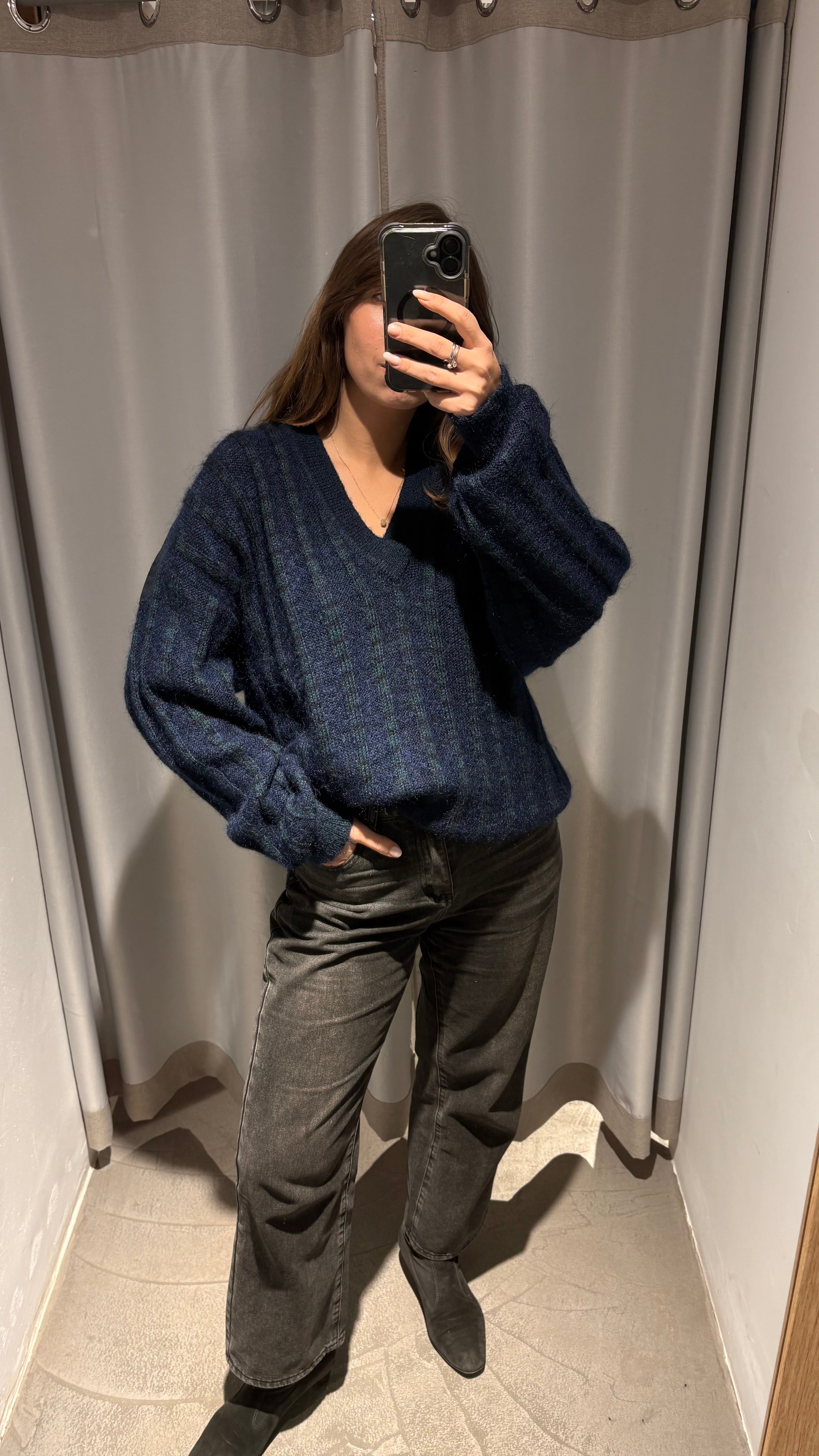 Vintage mohair knit sweater in an oversized silhouette, featuring deep navy blue and dark forest-green tones.