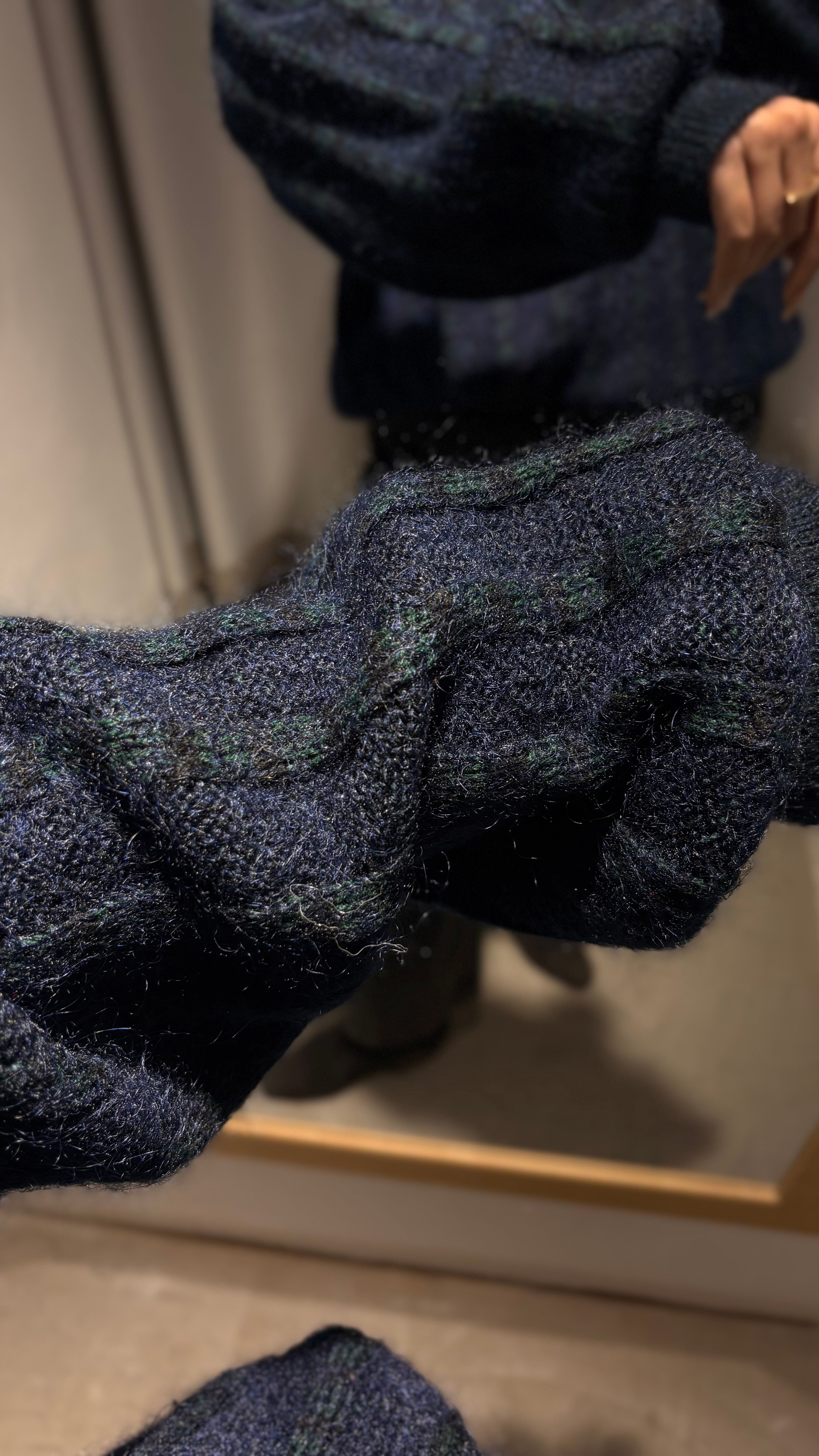 Vintage mohair knit sweater in an oversized silhouette, featuring deep navy blue and dark forest-green tones.