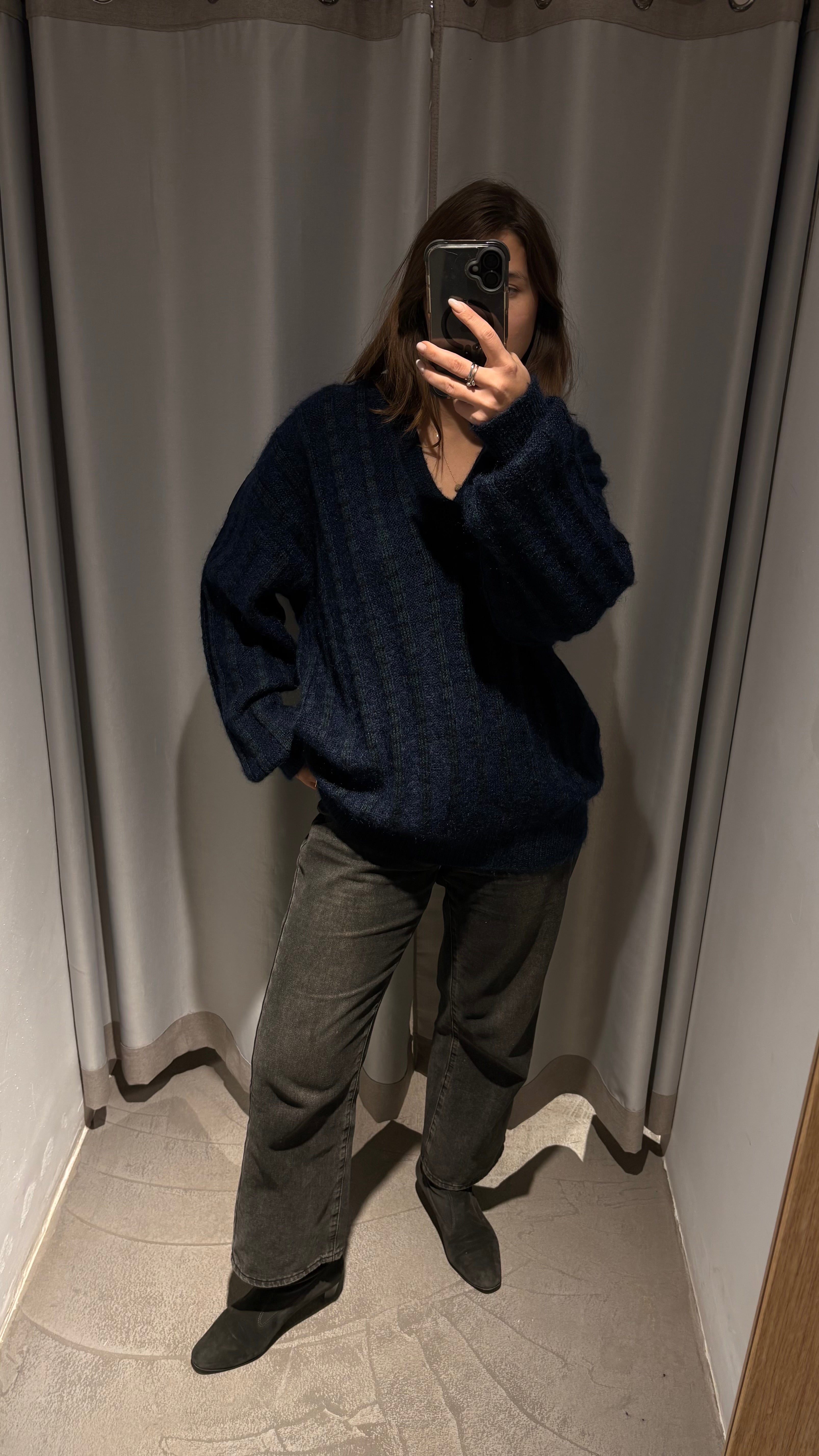 Vintage mohair knit sweater in an oversized silhouette, featuring deep navy blue and dark forest-green tones.