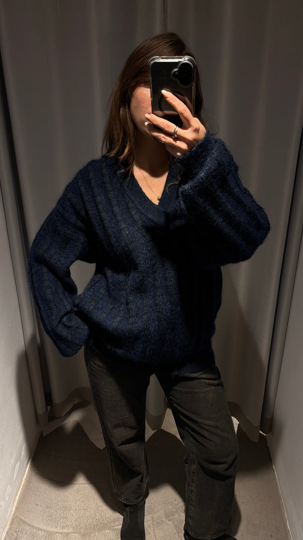 Vintage mohair knit sweater in an oversized silhouette, featuring deep navy blue and dark forest-green tones.