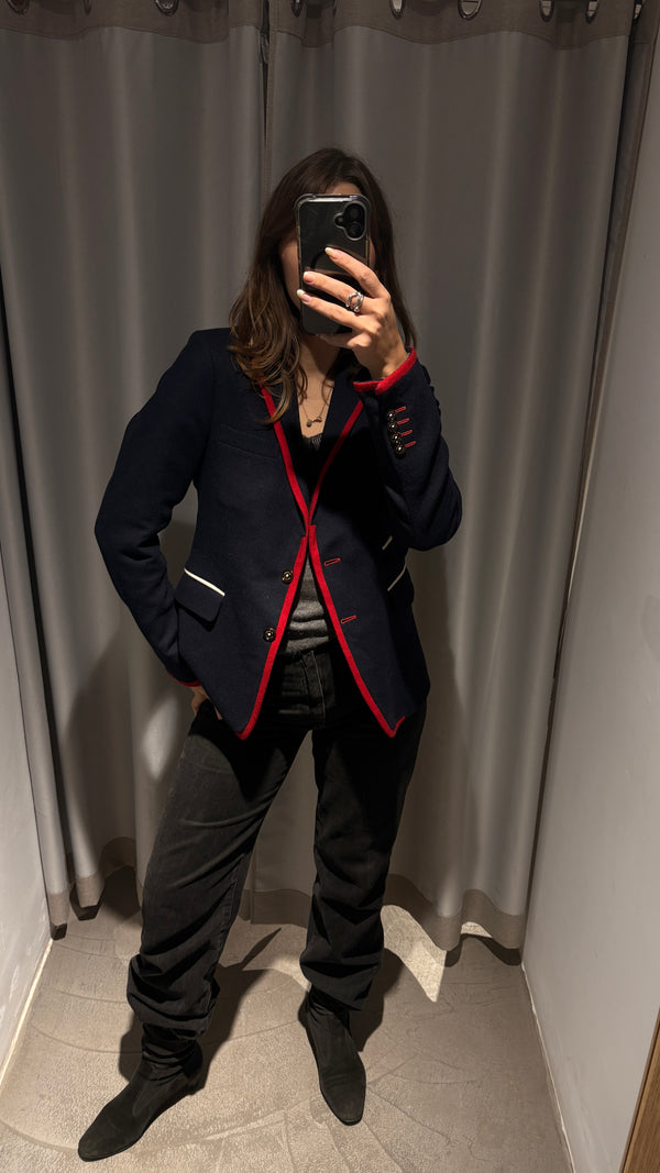 Navy blue wool blazer by El Ganso, featuring refined white and red detailing