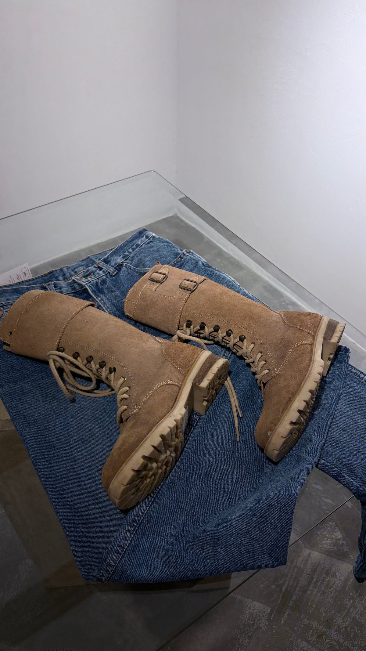 High militas style boots in natural suede