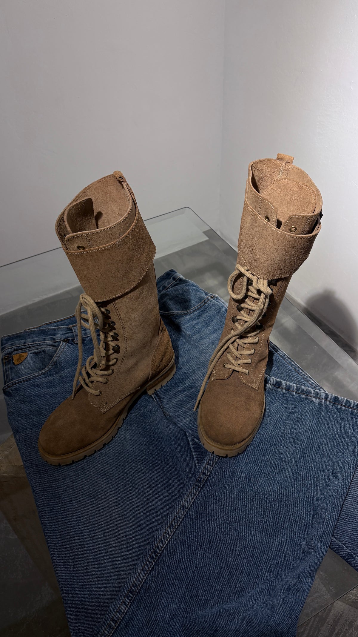 High militas style boots in natural suede