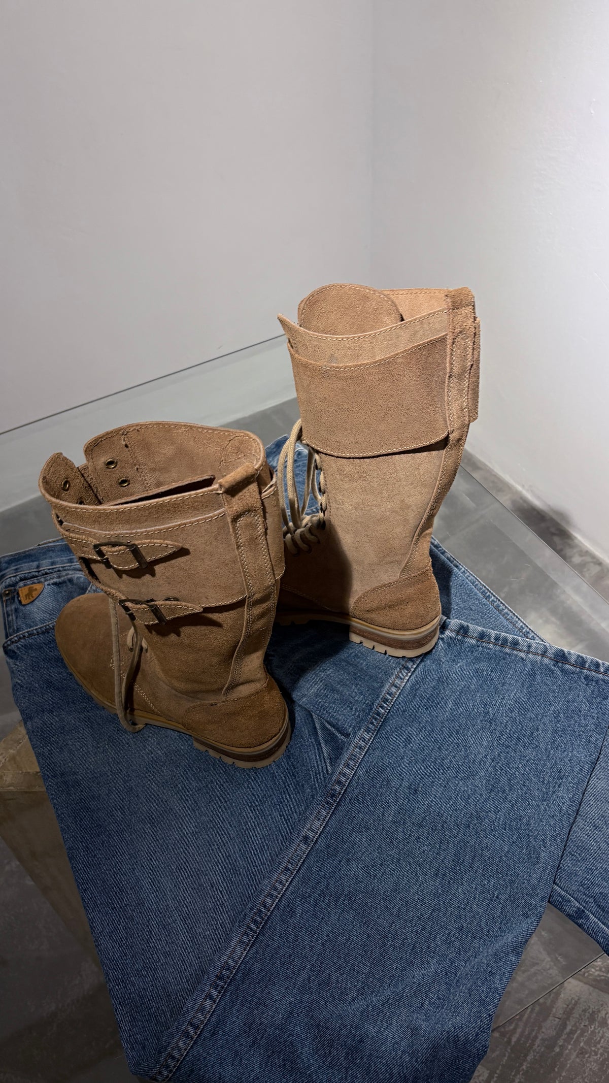 High militas style boots in natural suede