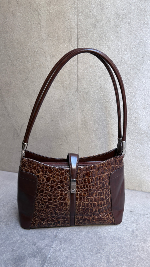 Vintage chocolate-colored crocodile-effect handbag