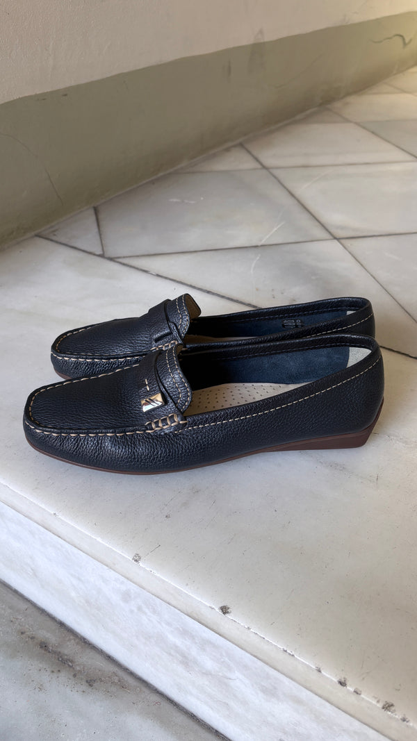 Navy blue leather loafers