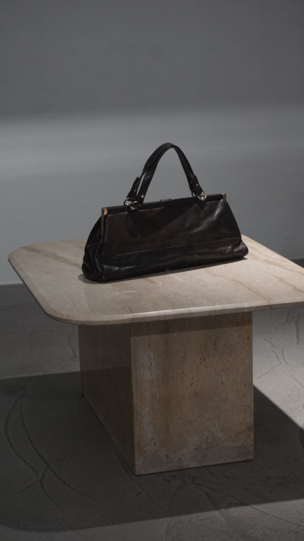 Vintage baguette-style elongated bag in natural chocolate-brown leather