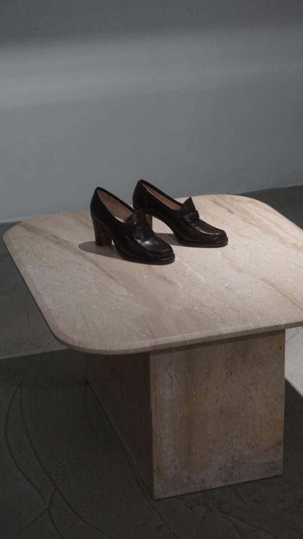 High-quality natural leather heeled loafers in a chocolate-brown tone