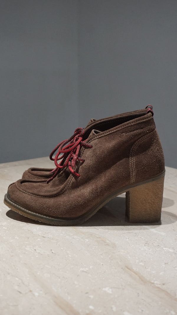 Chunky loafers-style ankle boots in natural chocolate brown suede