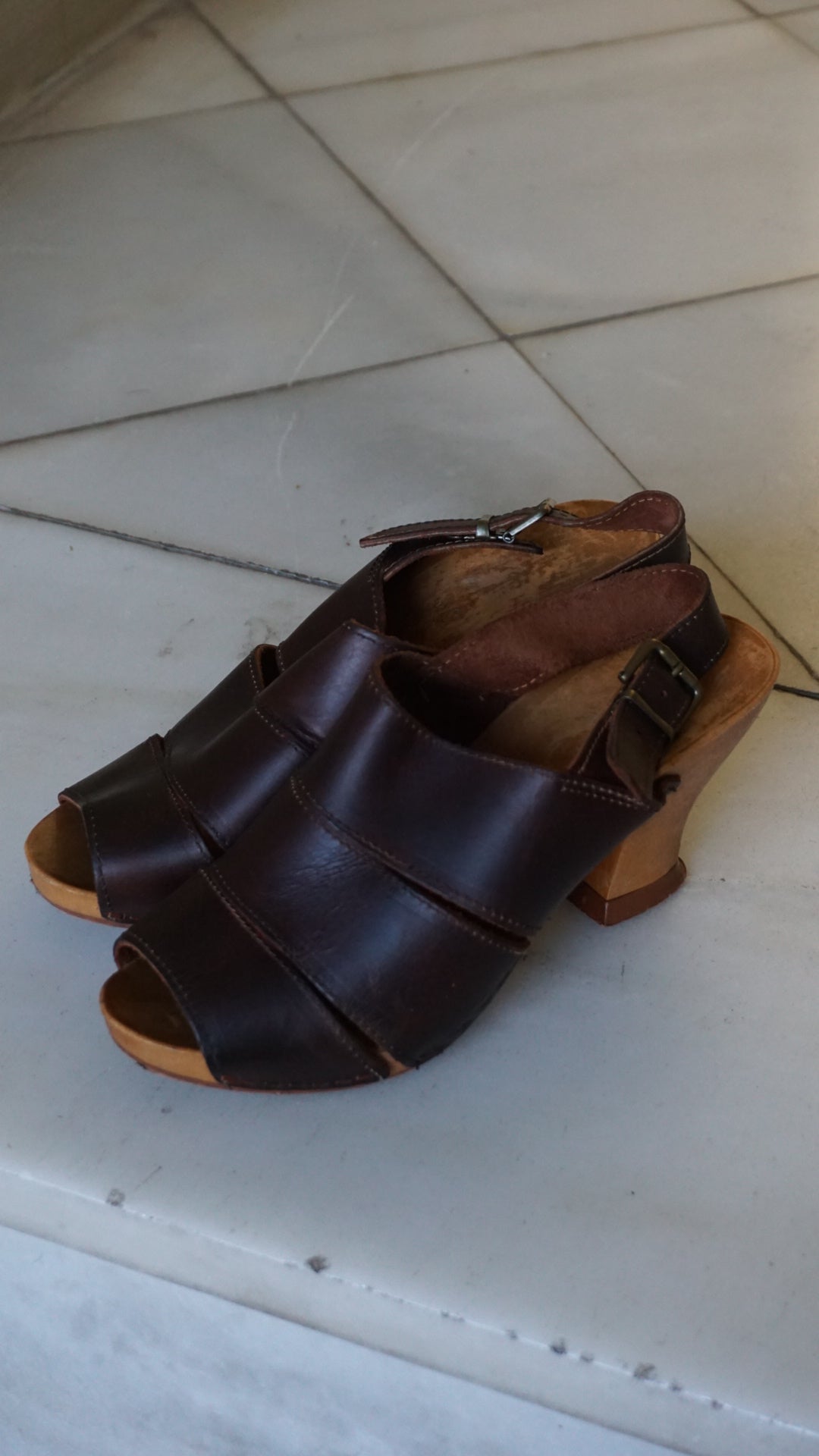 Vintage brown leather wedge sandals