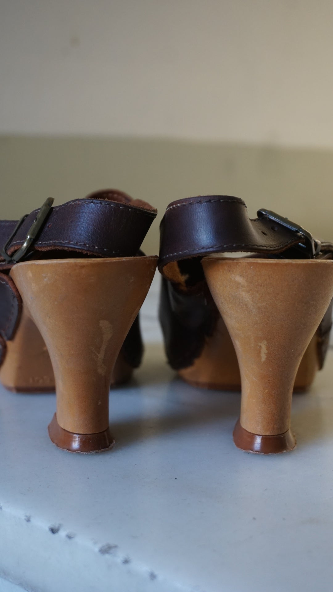 Vintage brown leather wedge sandals